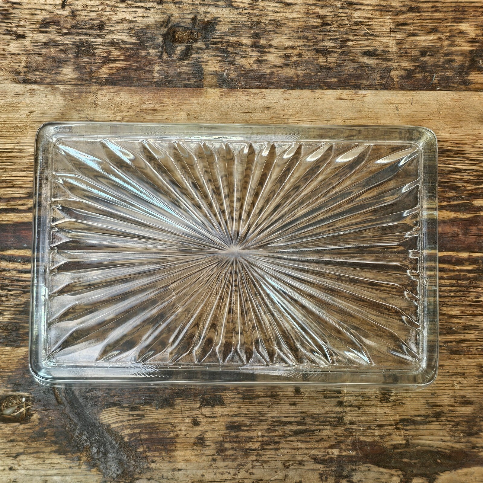 Vintage Rectangular Cut Glass Starburst Bottom Dish Trinket