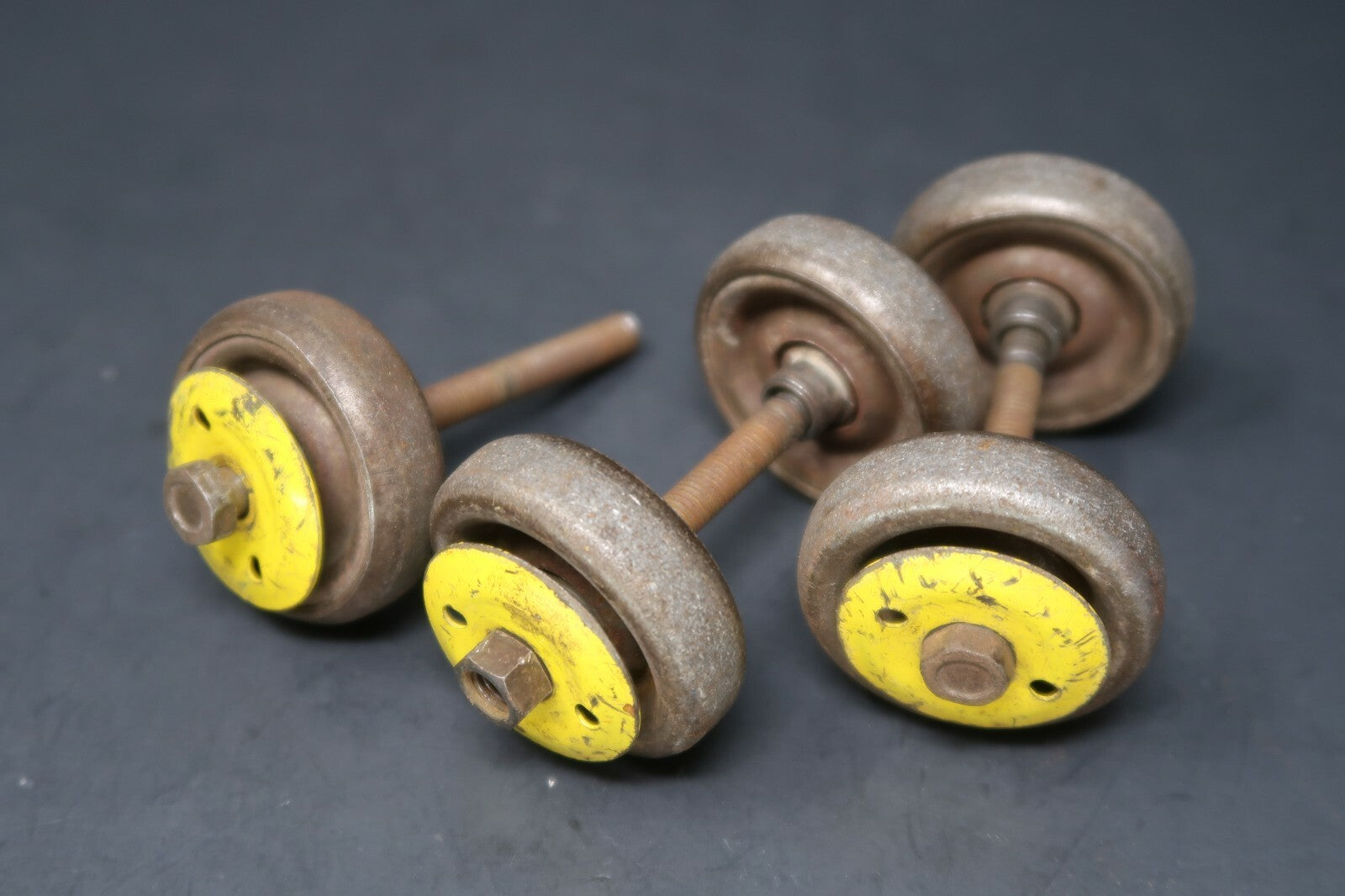 Lot of 5  Vintage Iron Ball Bearing Casters Wheels With Yellow Wheel Covers