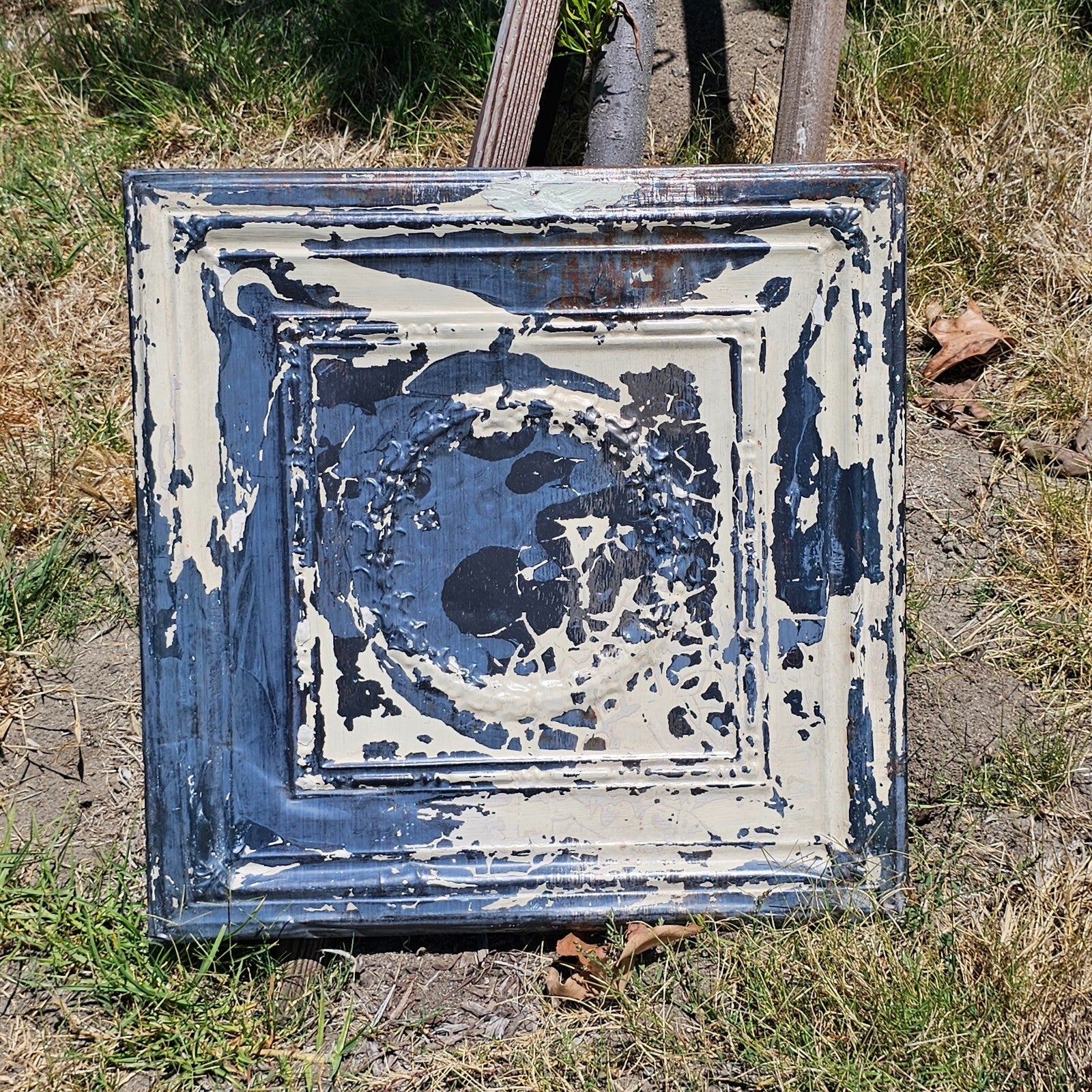 Set of 2 Wood Framed Tin Metal Rustic Garden Art Decor 23" x 23" Weathered