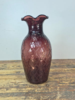 Mid-Century Amethyst Diamond Optic Glass Vase 12.5" — Empoli Style Hand-Blown