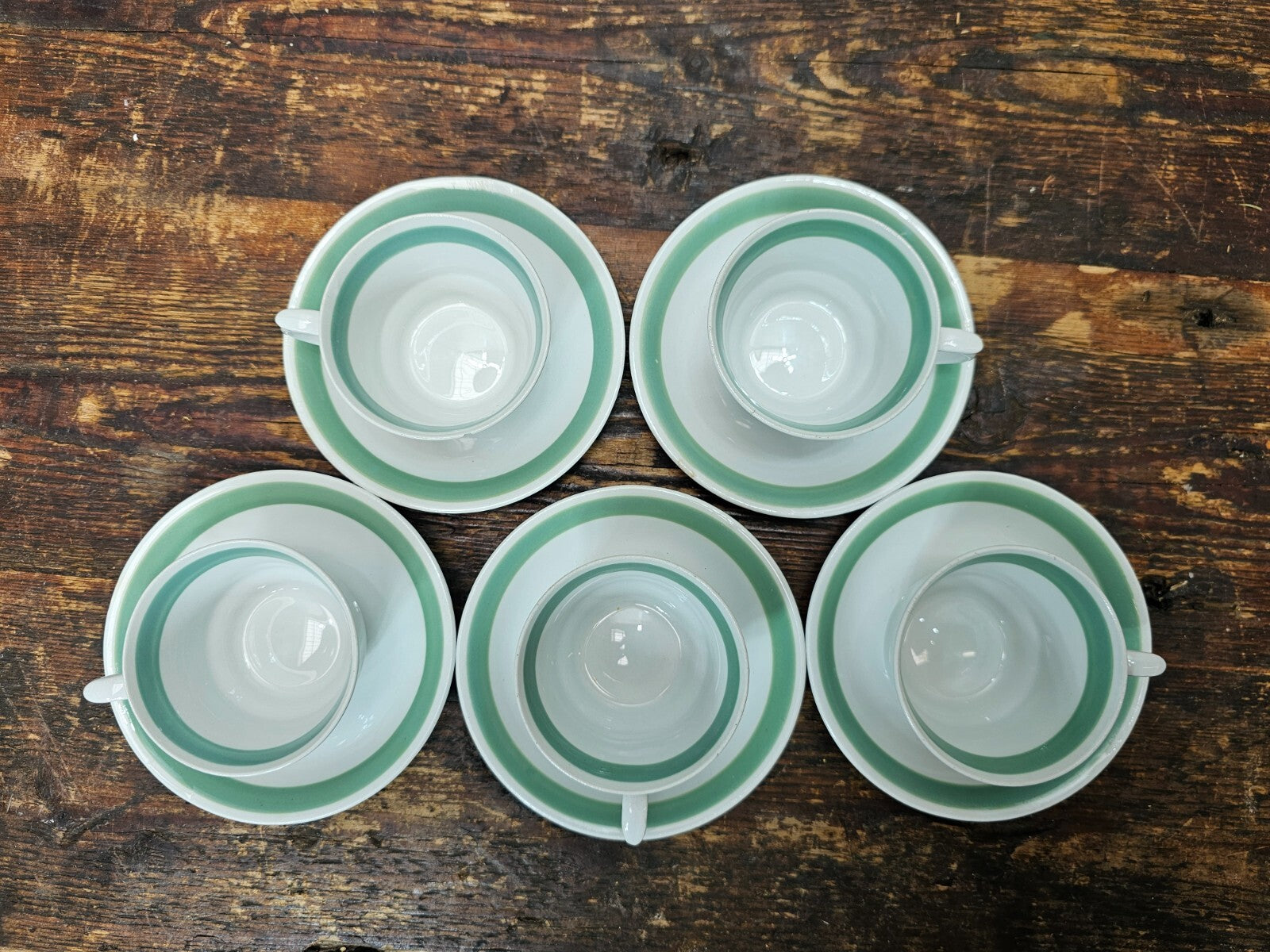 Arabia Suomi Finland Green Band Ribbons White Demitasse Cup & Saucer + Teapot