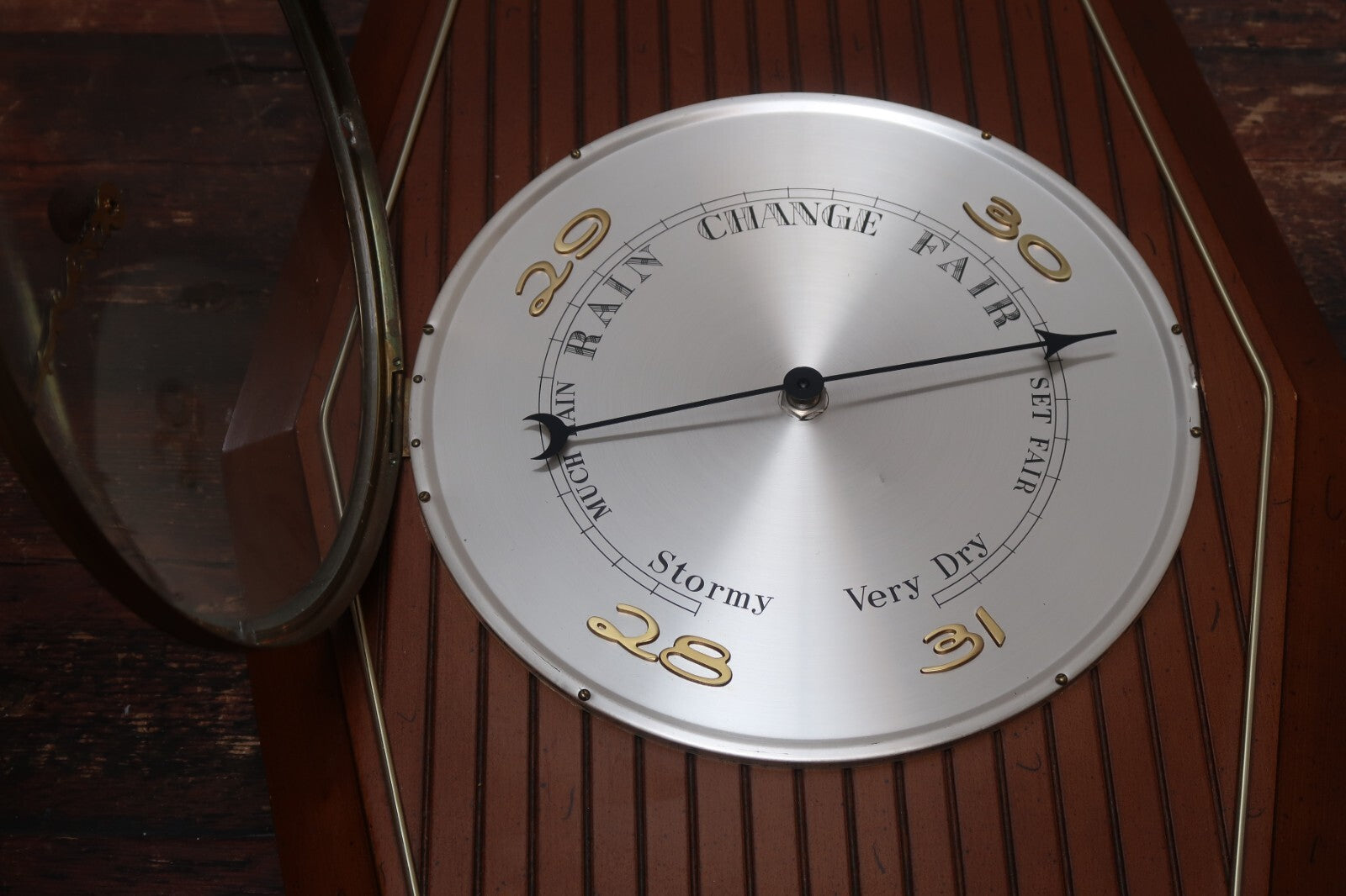 Vintage Wood & Brass Barometer H 20" x W 13" (H 23" with Metal Ring)