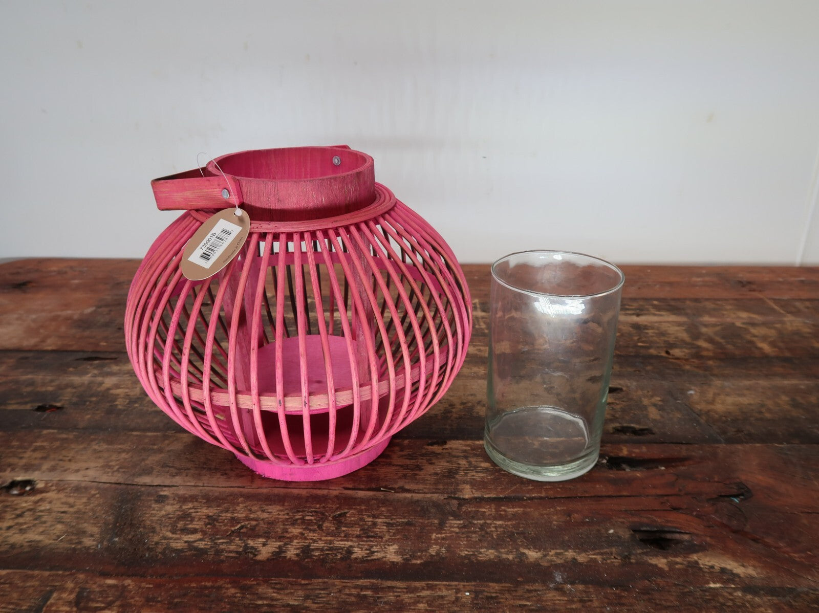 Pink Bamboo Candle Lantern With Handle 10" x 10" x H 8.5"