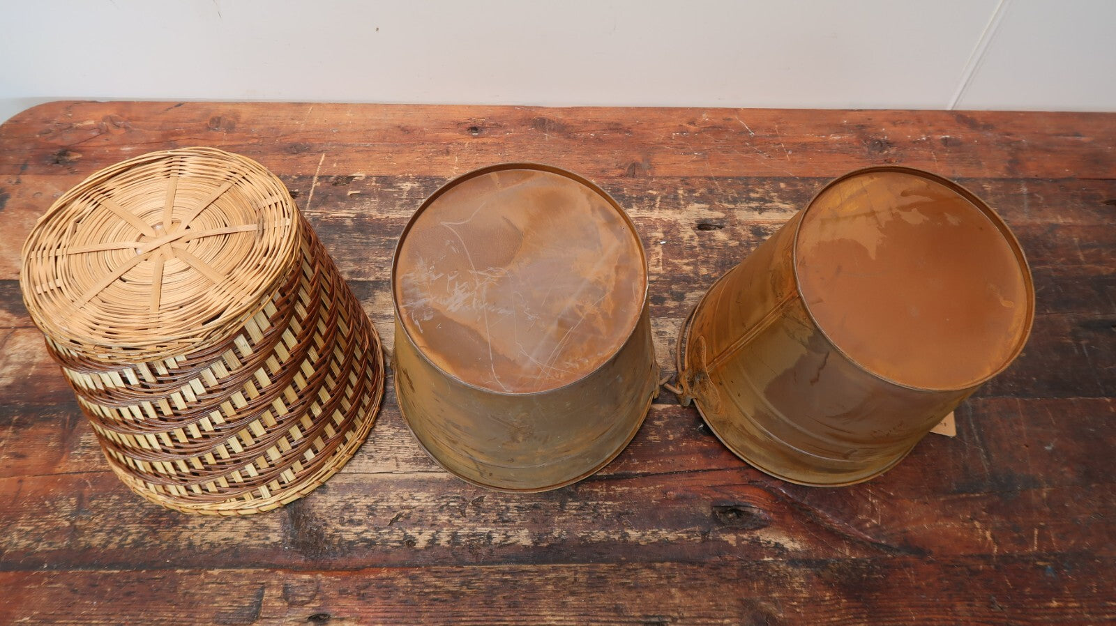 2 Rustic Metal Pails + 1 Wicker Basket 9" x 9" x H 7.5" Plant Pots Trash Cans