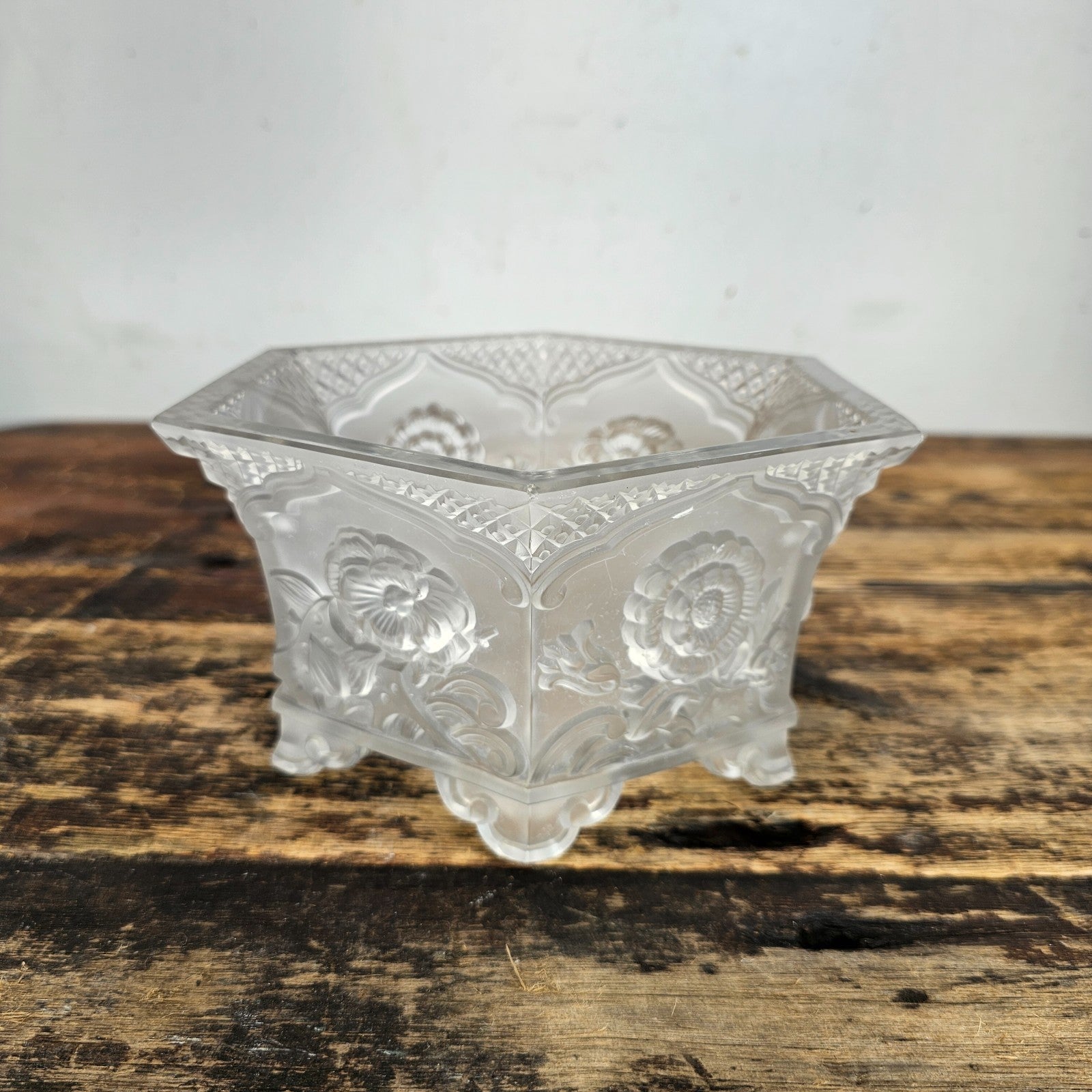Vintage Verlys America Art Deco Hexagonal Glass Planter / Flower Bowl