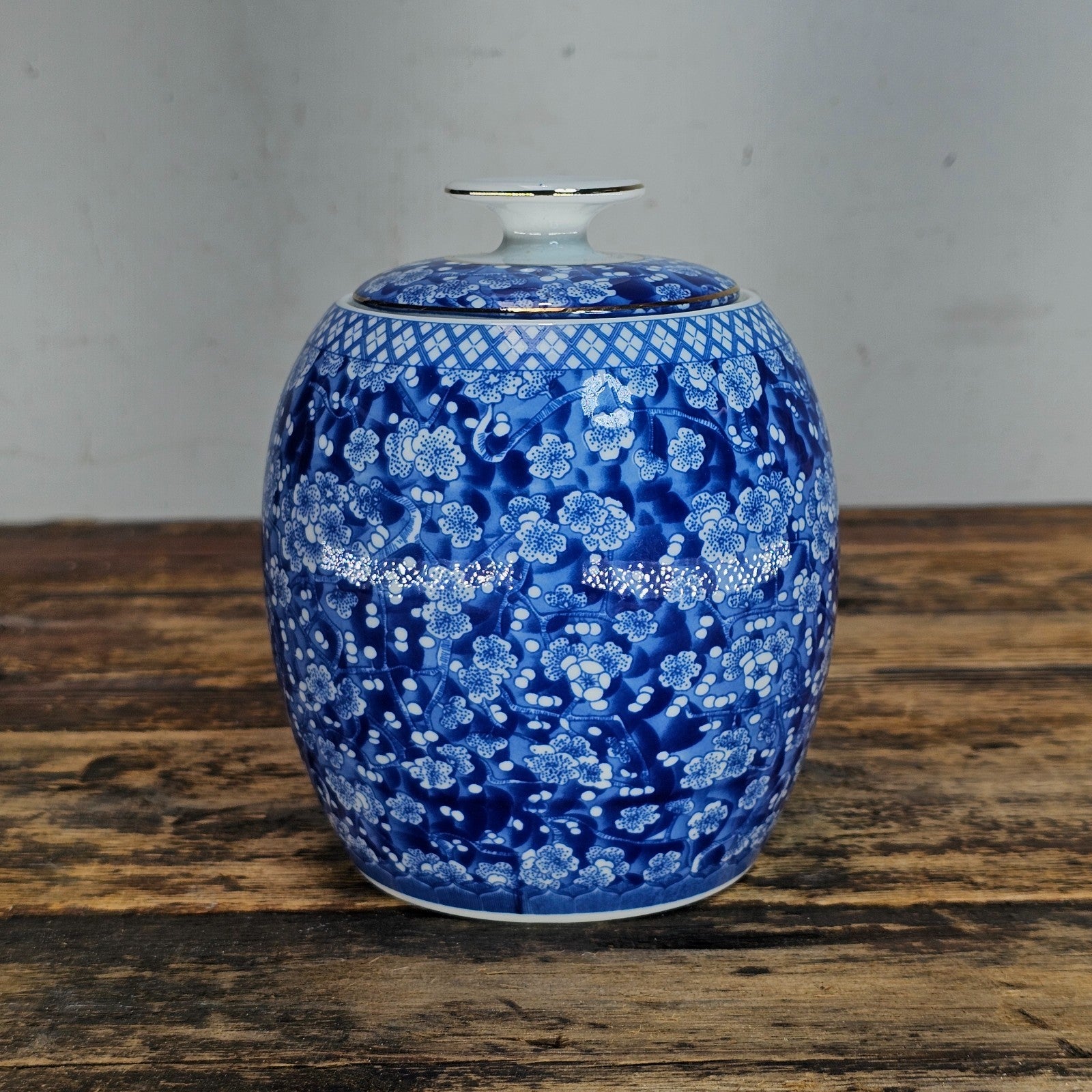 Blue & White Porcelain Lidded Jar | Tea Caddy | Chinoiserie 6.25"H x 5"Dia.