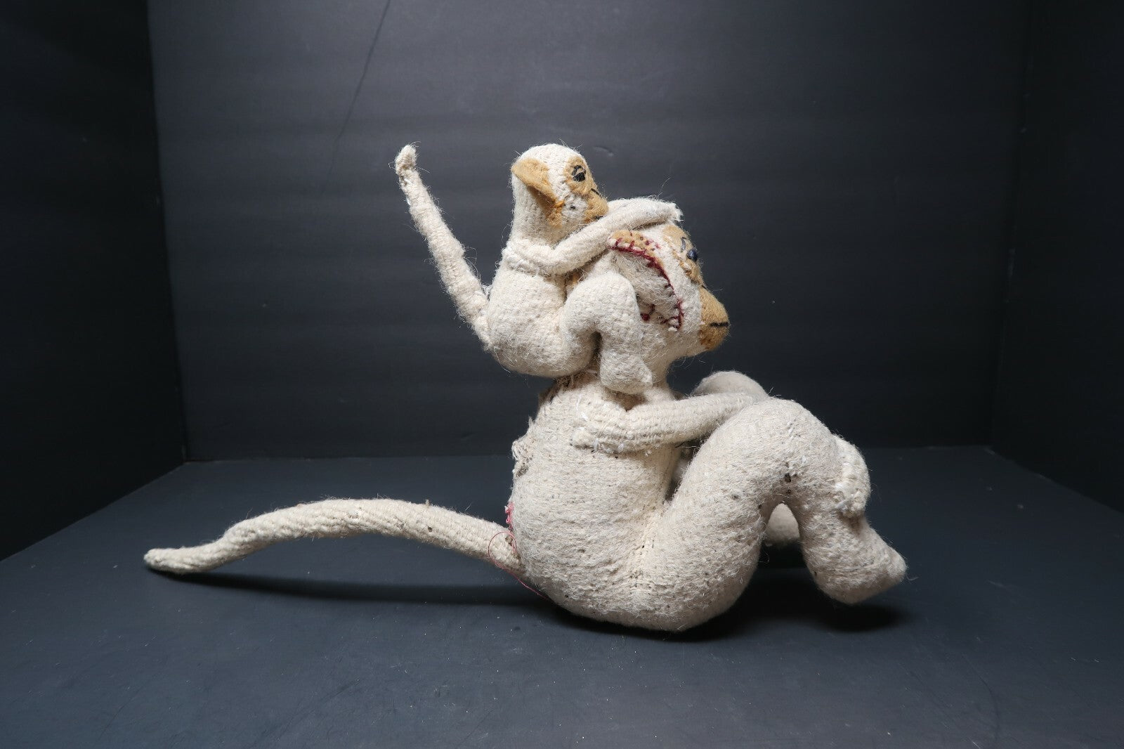 Vintage Plush Monkey Baby Langur Riding on Parent's Shoulder Piggyback H 8.5"