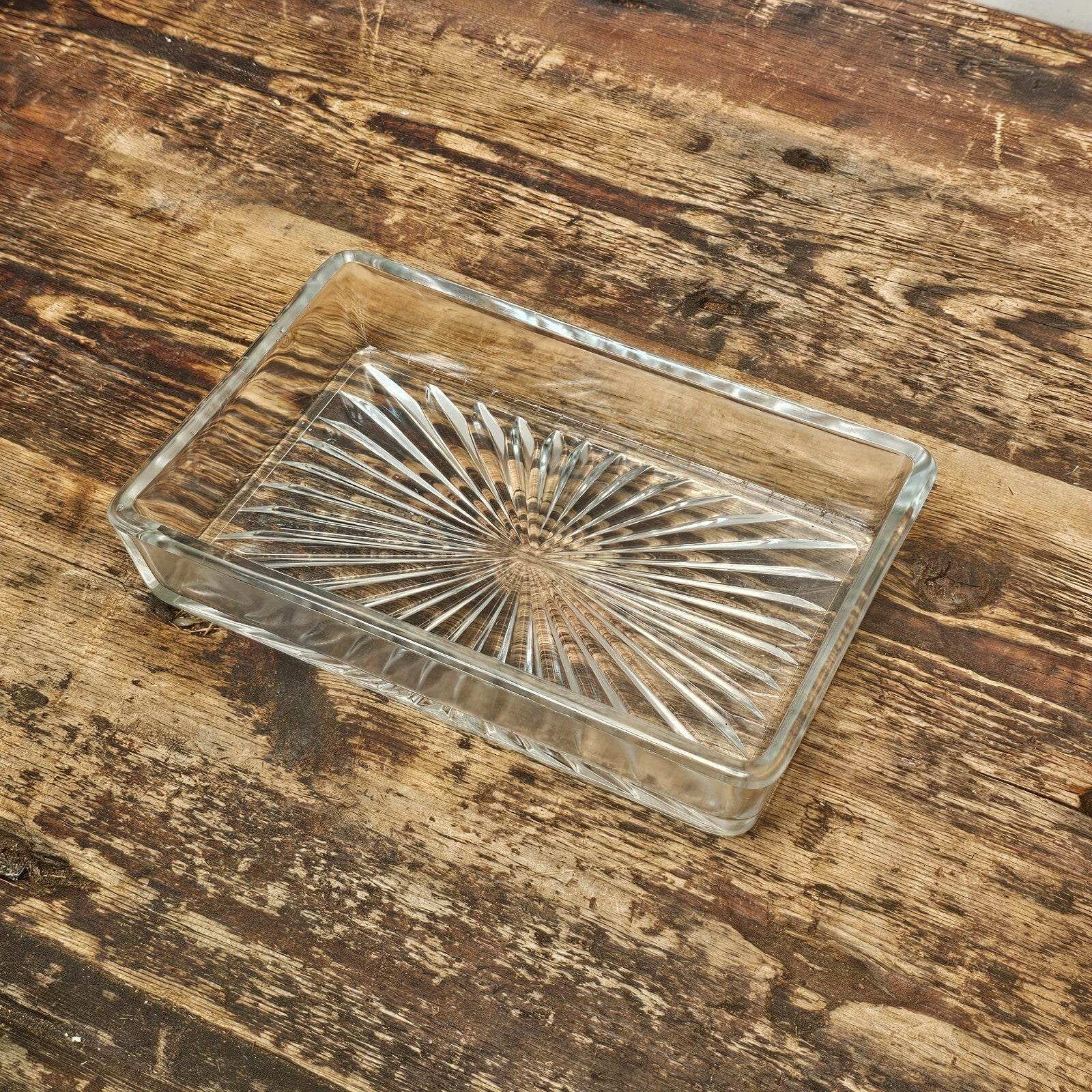 Vintage Rectangular Cut Glass Starburst Bottom Dish Trinket