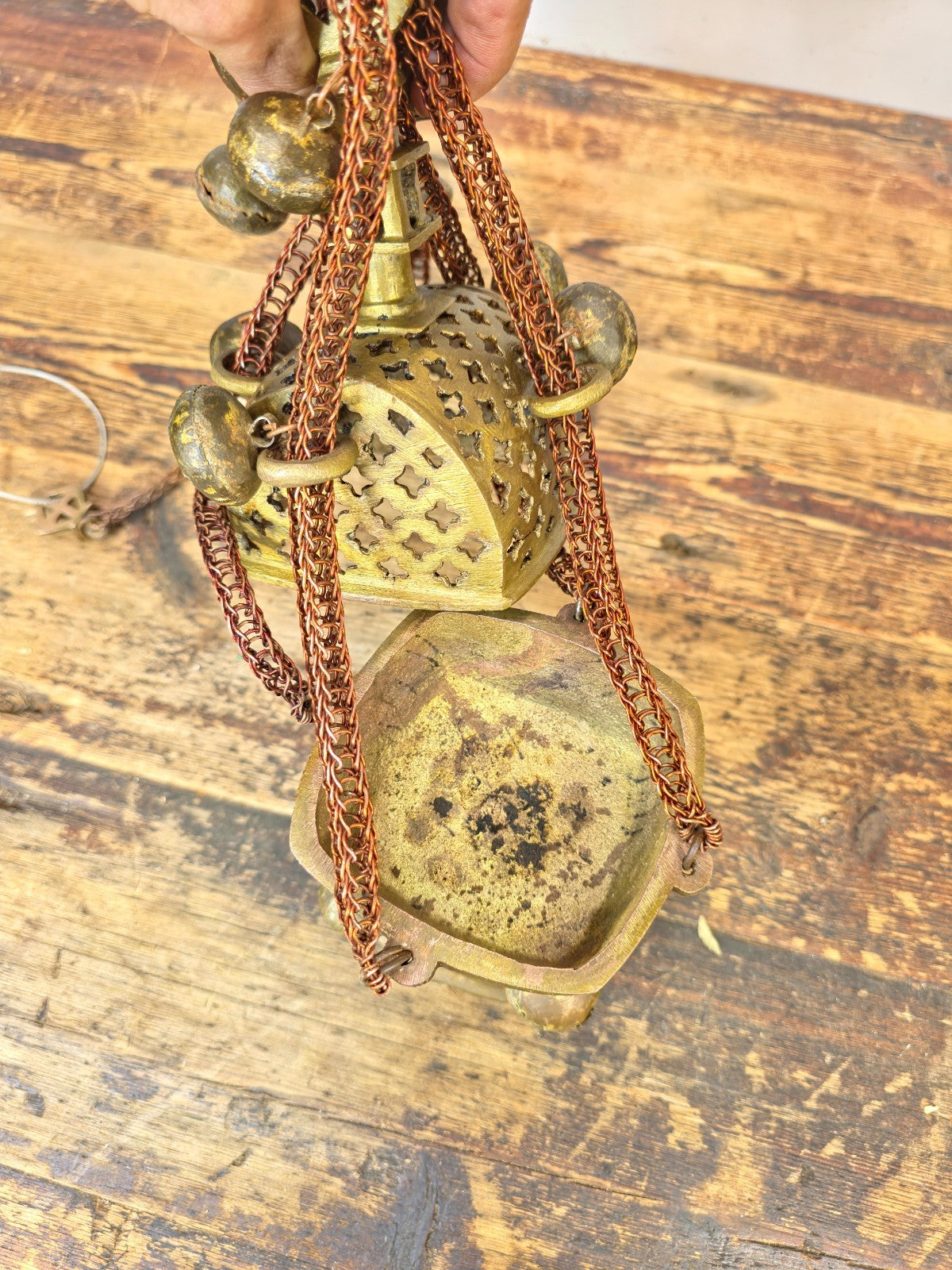 Vintage Ethiopian Coptic Brass Processional Incense Burner — 30" — Bells & Chain
