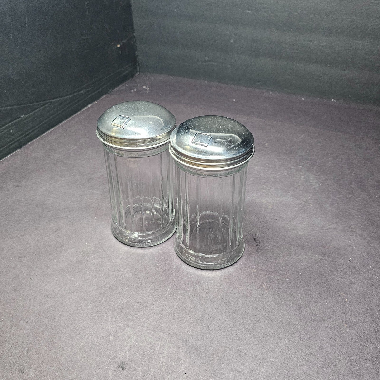 Set of 2 Side Flap Top Sugar Dispenser Glass Jar Vintage 3" D x 5.5" H