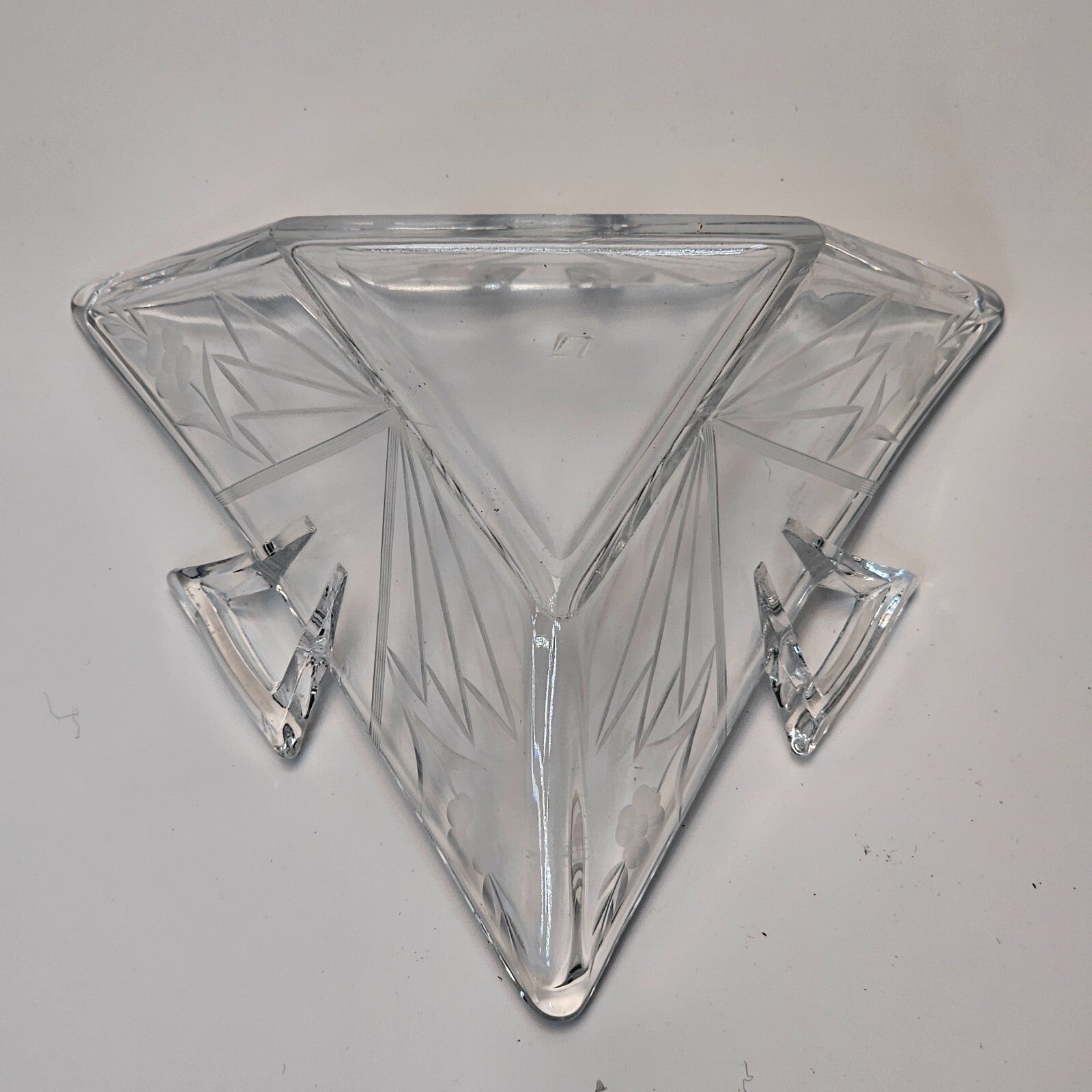 Heisey Etched Floral Clear Mint Dish Tri Handled Triangle Glass Bon Bon No Lid