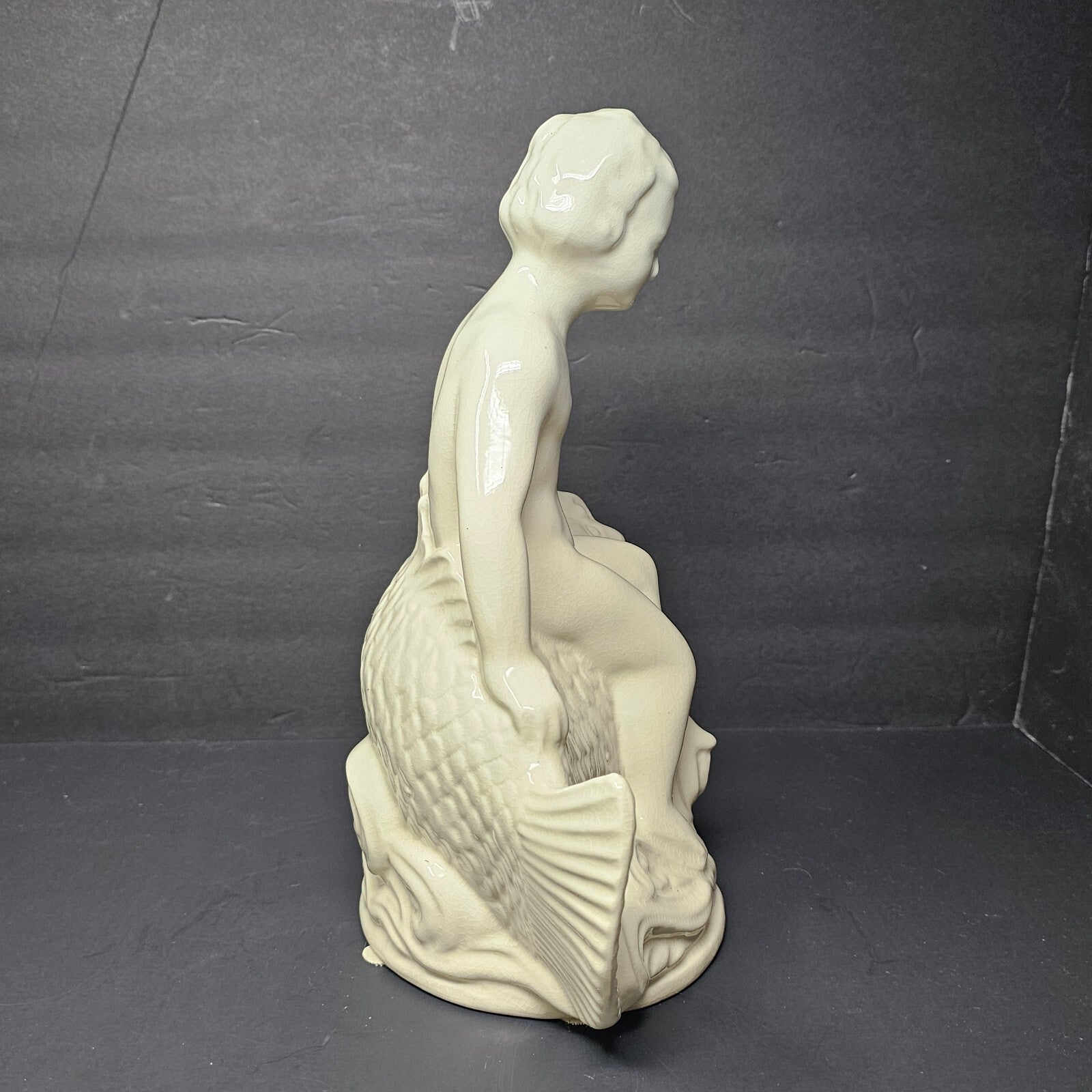 Pottery Statue By Robinson Ransbottom Boy Seated on Fish Bird Bath Insert 12.5"