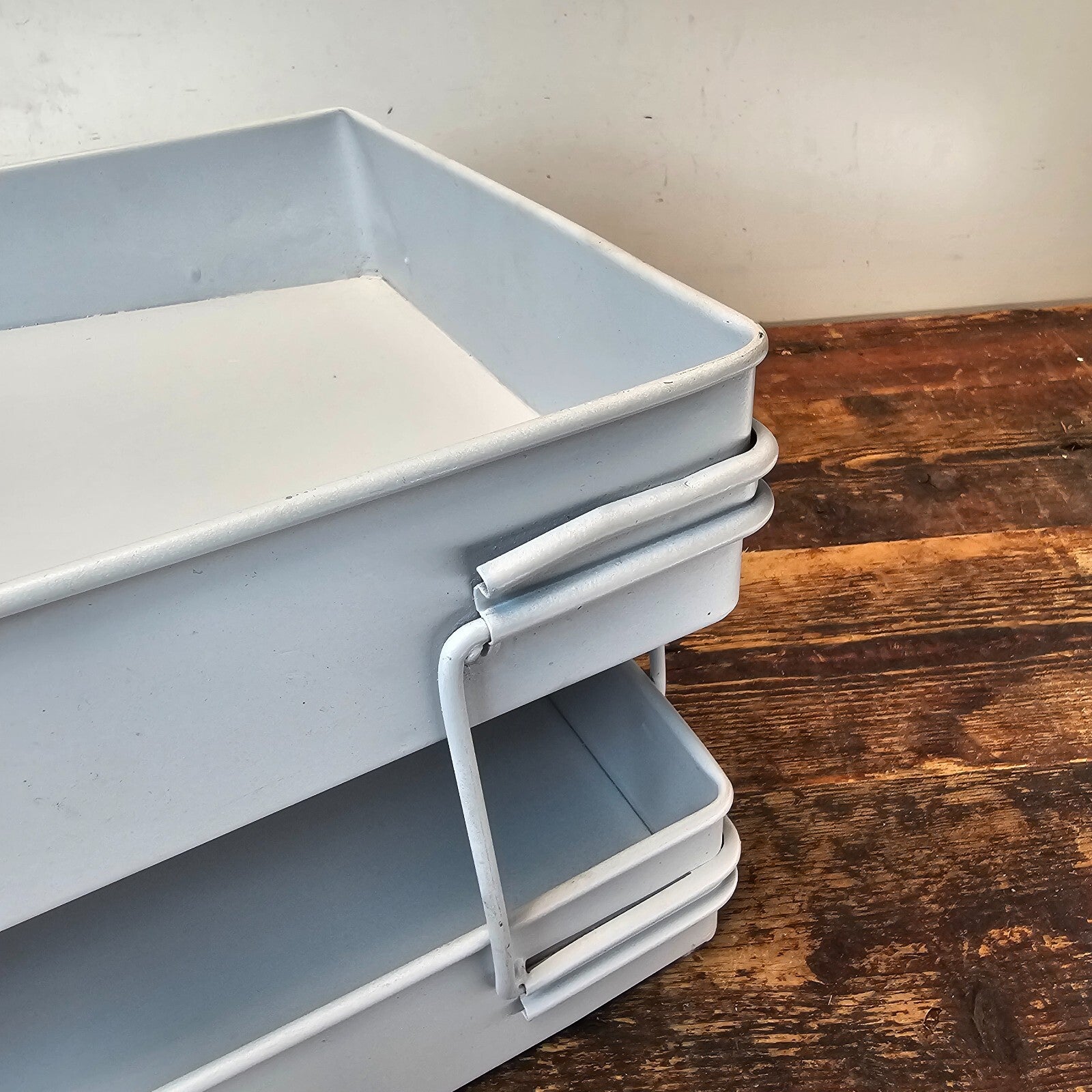 Vintage Pale Blue 2-Tier Industrial Metal Paper Tray / Desk Organizer