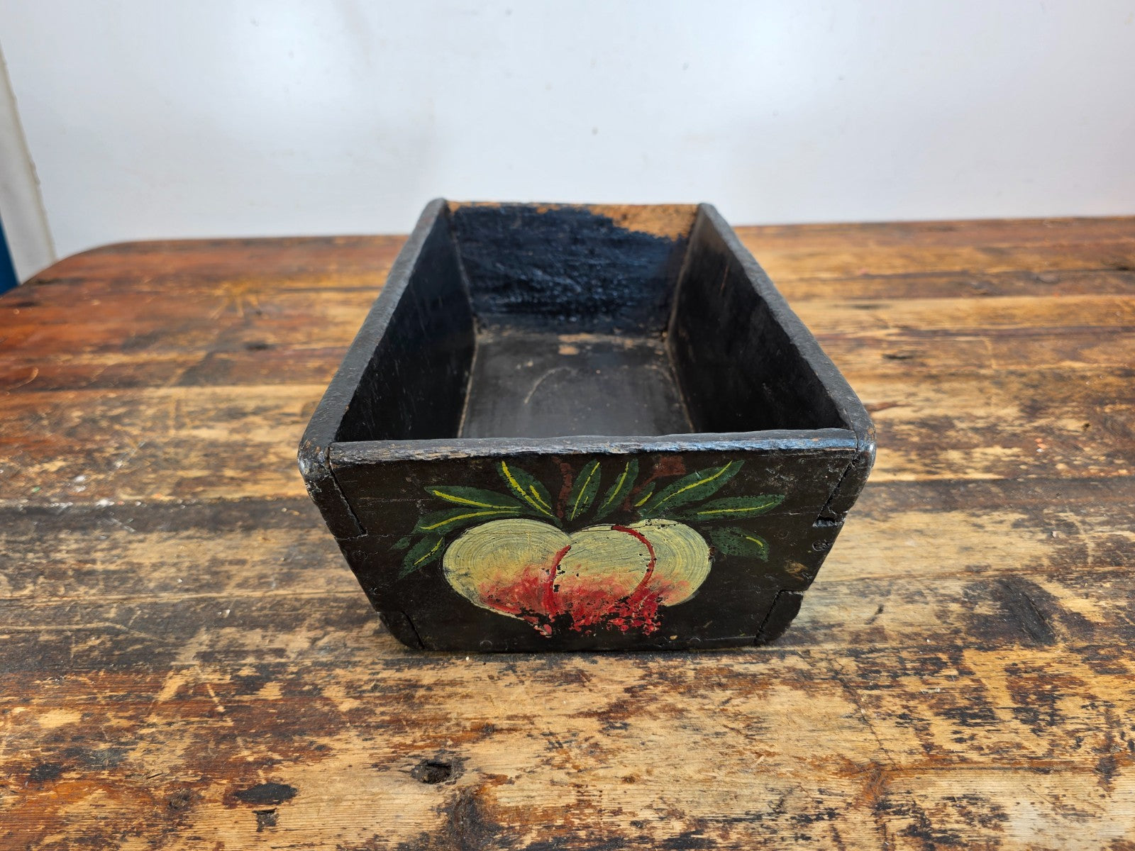 Antique Hand-Painted Wooden Box with Floral and Fruit Motif