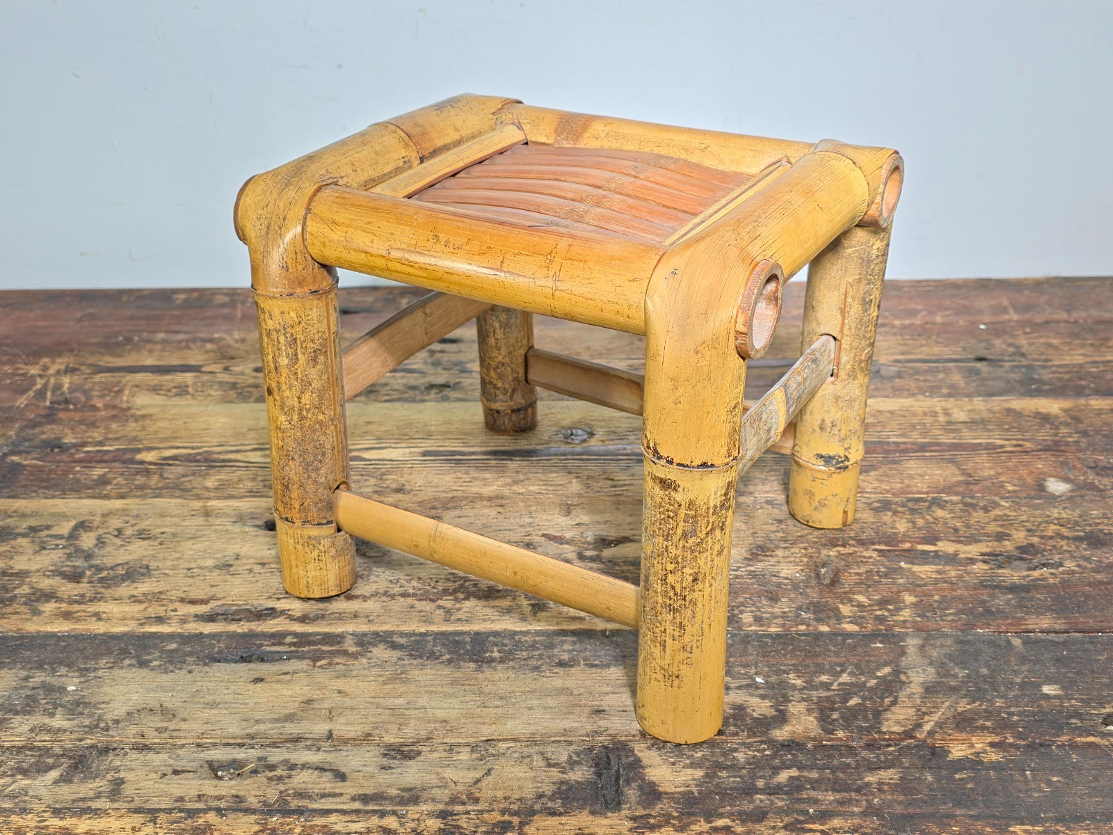 Vintage Boho Bamboo Footstool | Mid-Century Rattan Plant Stand | Tiki Decor