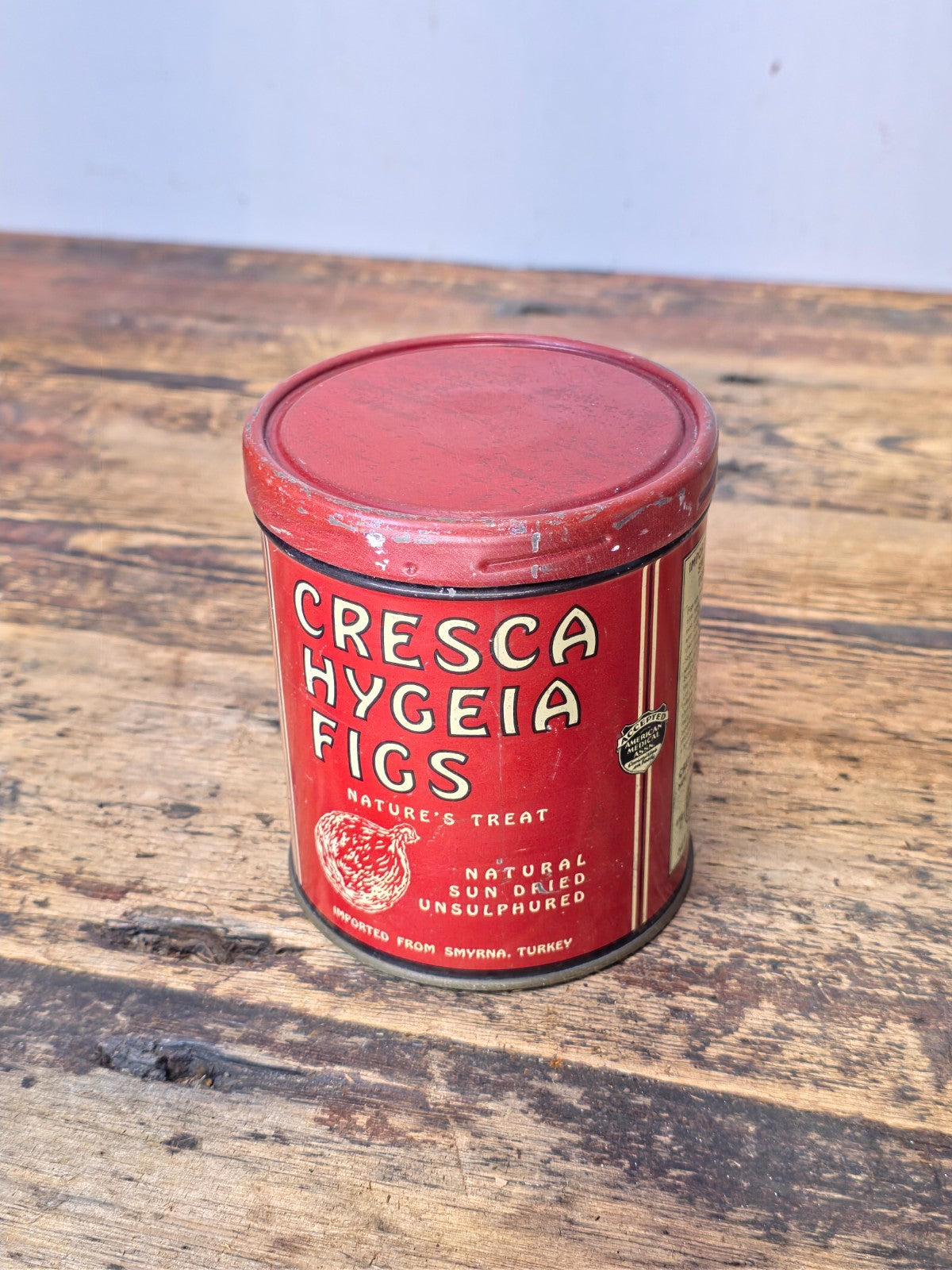 Vintage 1940s Cresca Hygeia Figs Lithographed Tin Can, Smyrna Turkey 1 lb