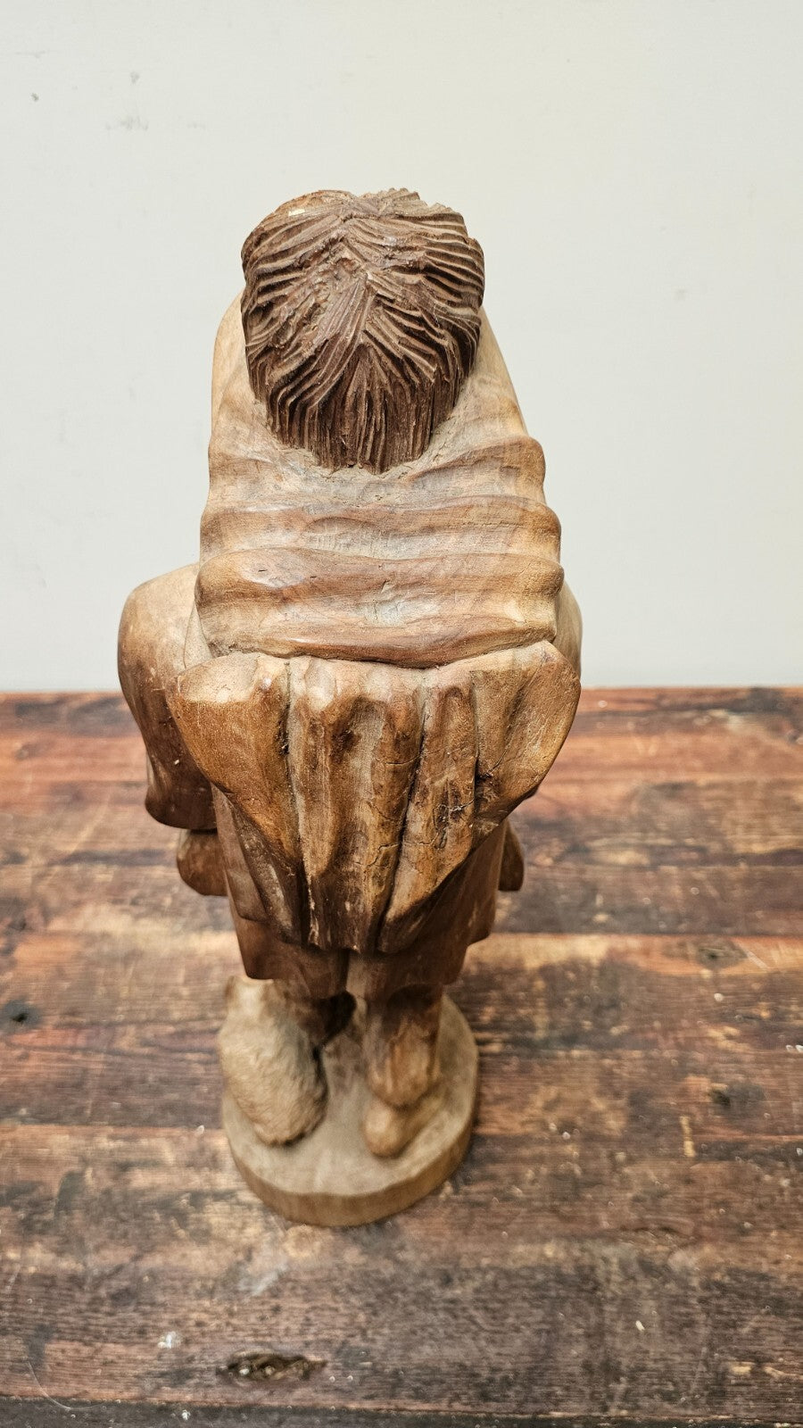 Vintage Hand Carved Solid Wood Figure Traveler With Cat Statue Vagabond 20" Tall