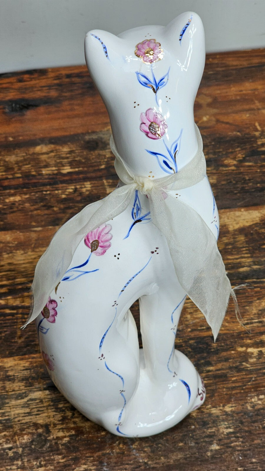 Vintage Porcelain Cat Figurine Hand-Painted Floral Signed 12" H (Has Damages)