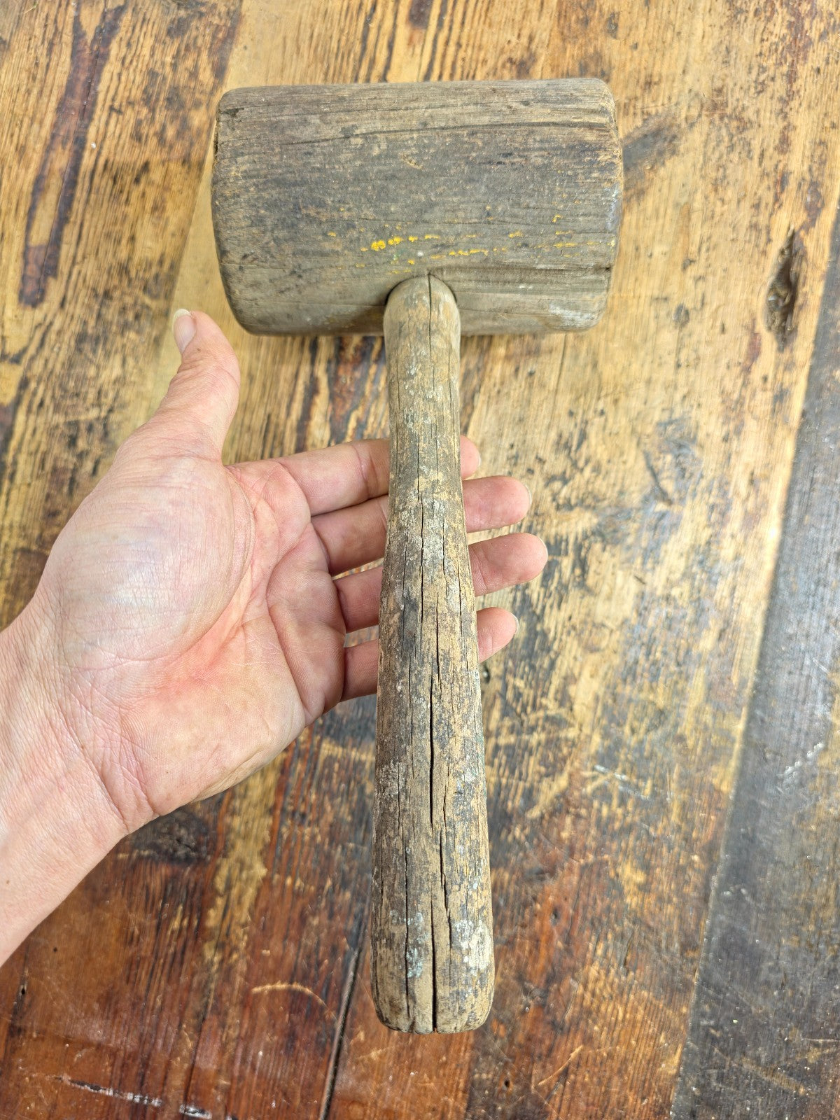 Antique Primitive Wooden Mallet | Rustic Farmhouse Tool with Authentic Patina