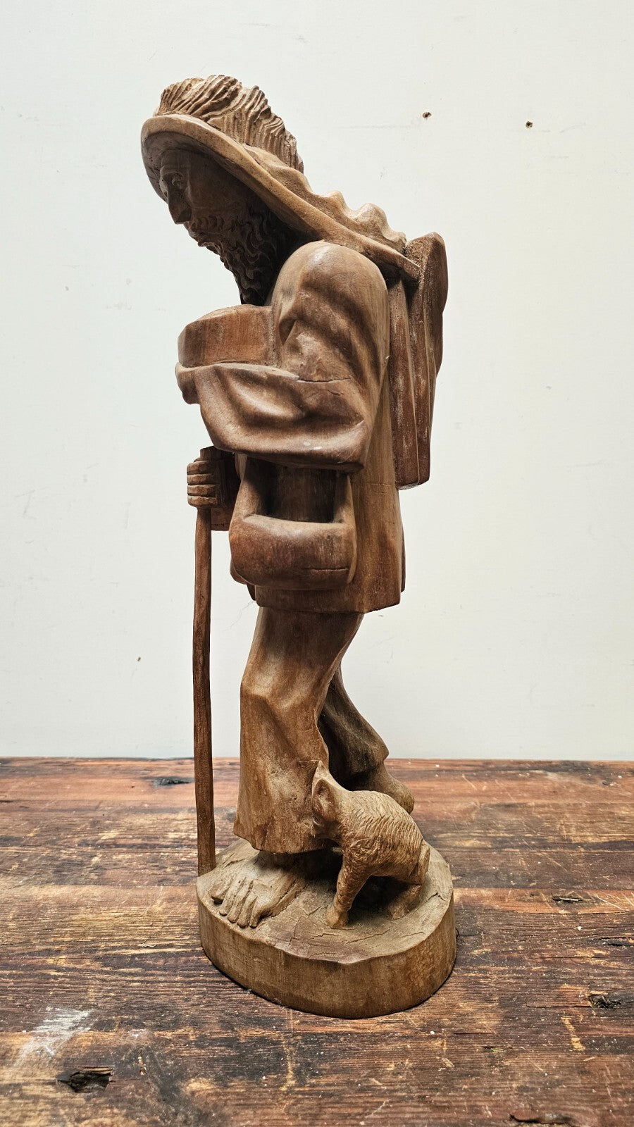 Vintage Hand Carved Solid Wood Figure Traveler With Cat Statue Vagabond 20" Tall