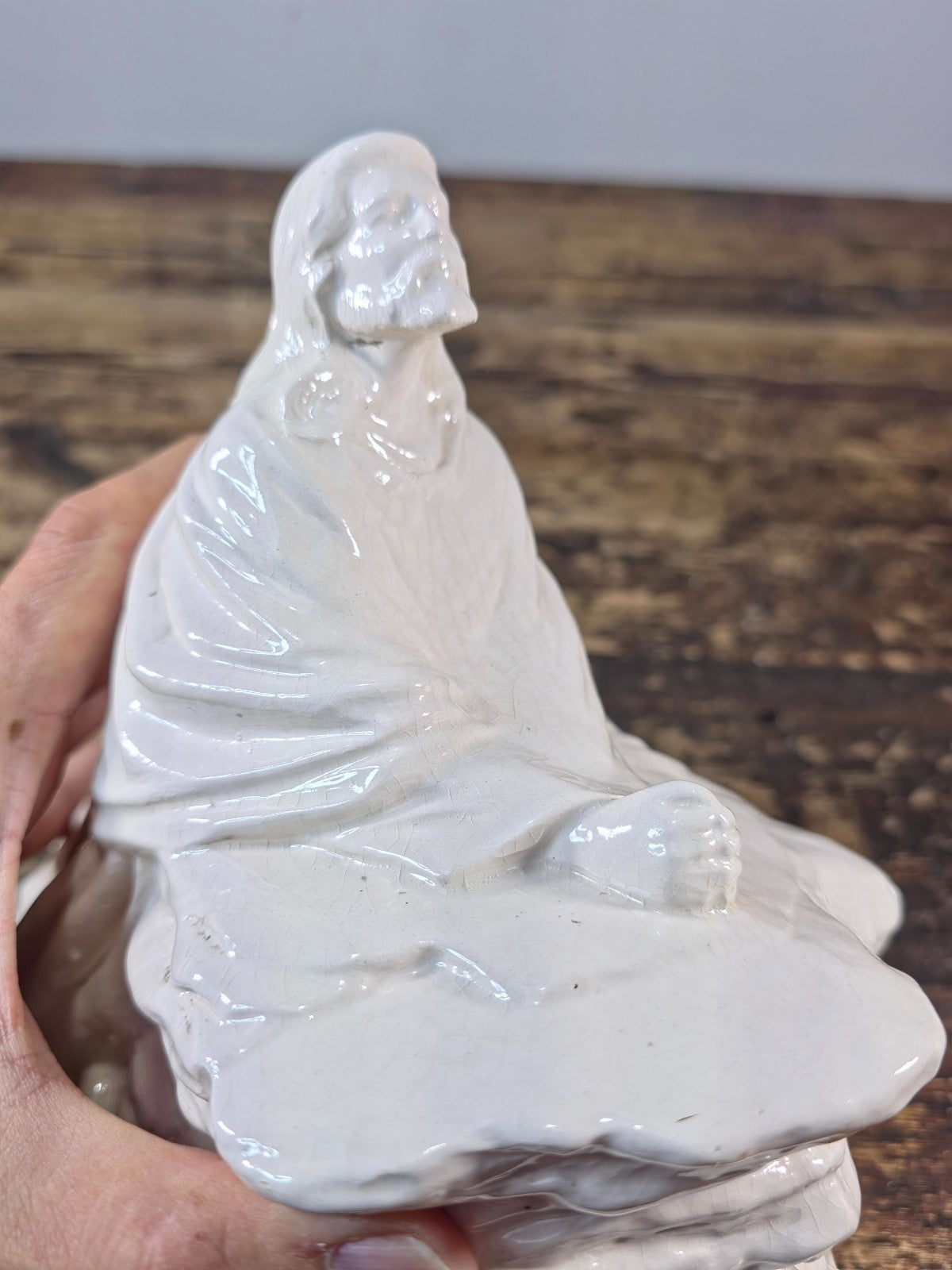 Vintage Byron Molds Jesus at the Rock White Glazed Ceramic Statue 7"