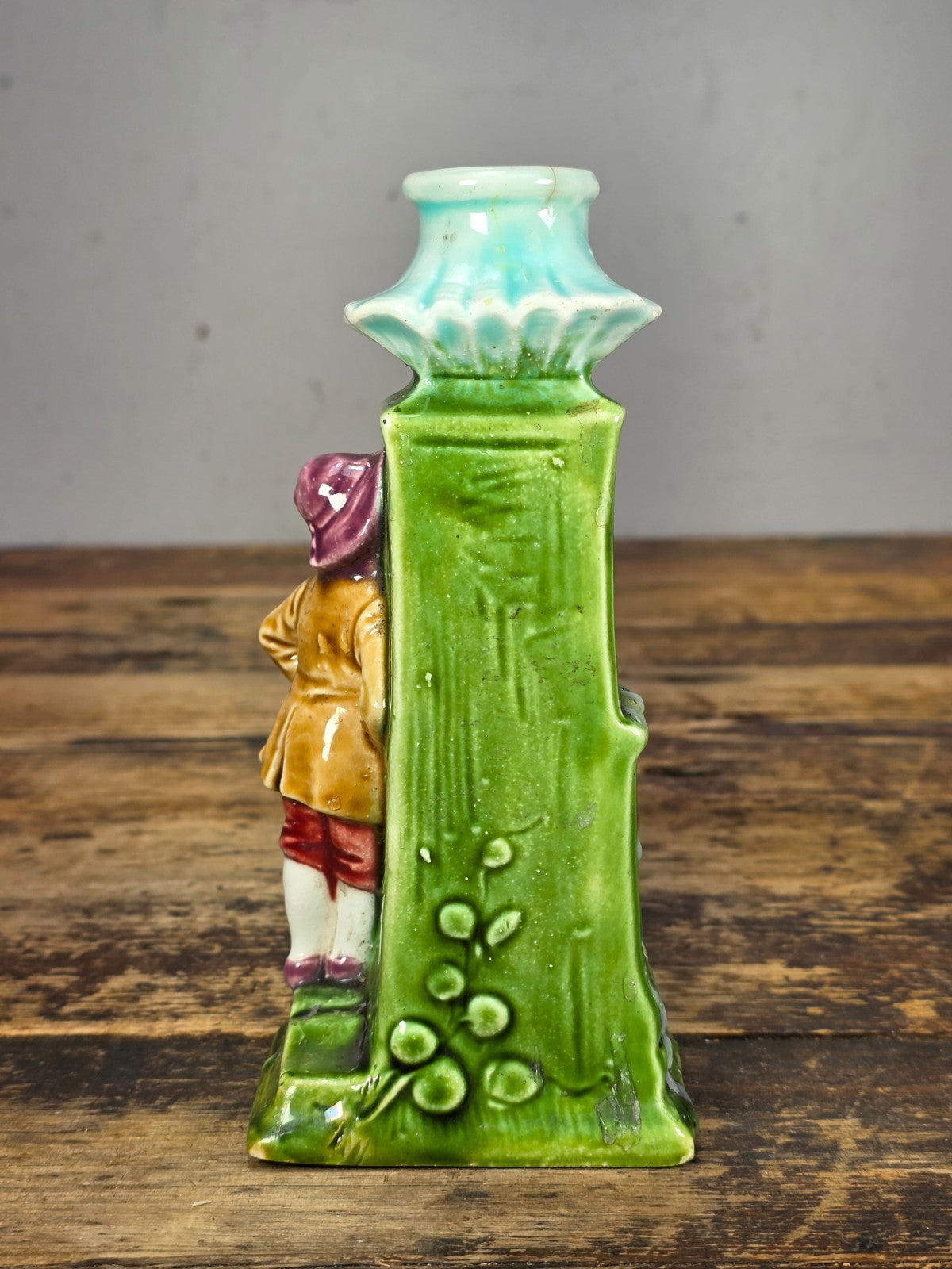 Antique German Majolica Figural Candle Holder Lovers Smoking Scene c.1900s