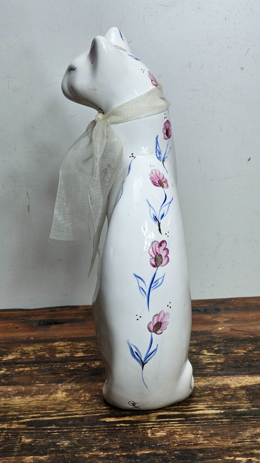 Vintage Porcelain Cat Figurine Hand-Painted Floral Signed 12" H (Has Damages)