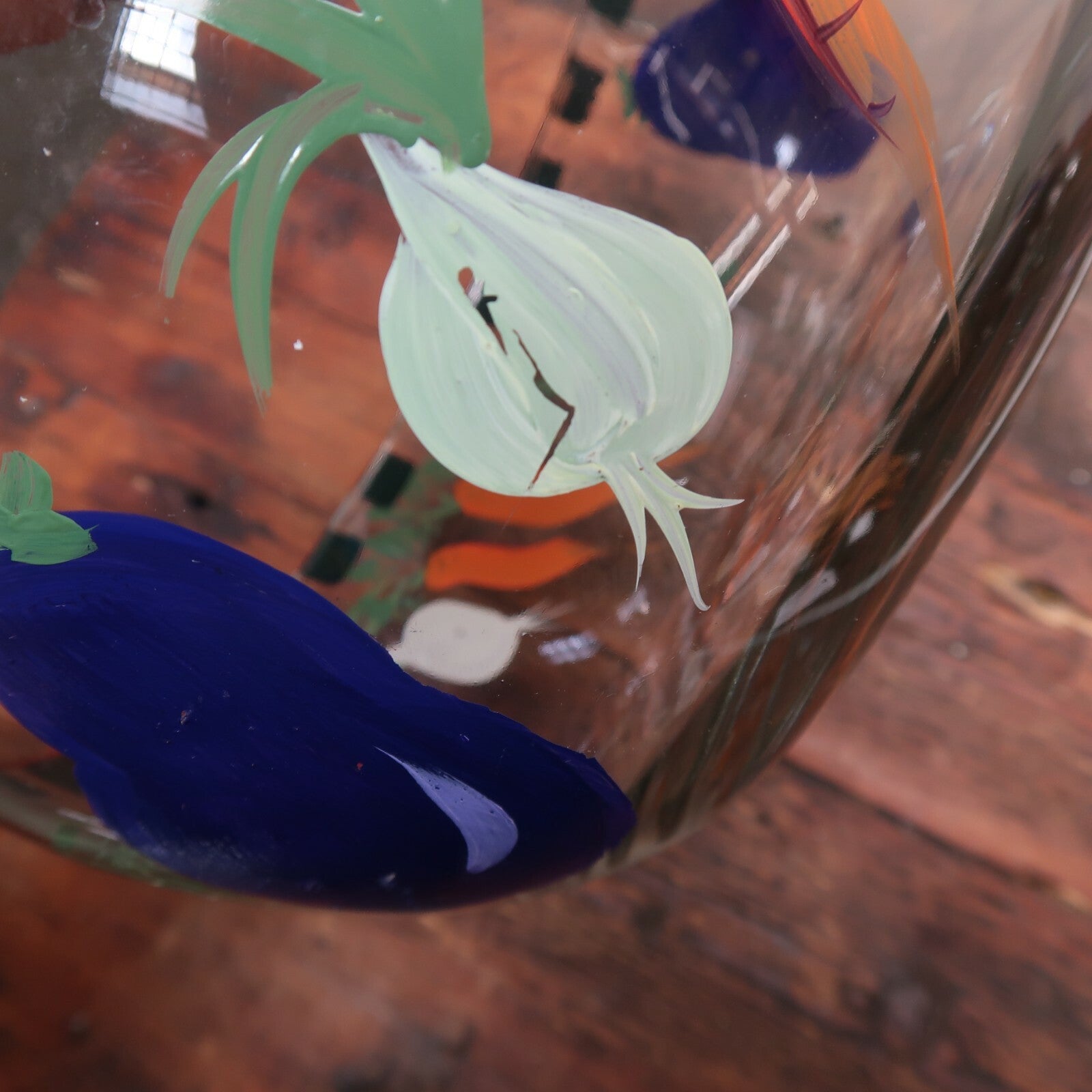 Clear Glass Salad Bowl With Hand Painted Vegetables 11" x 11" x 5"
