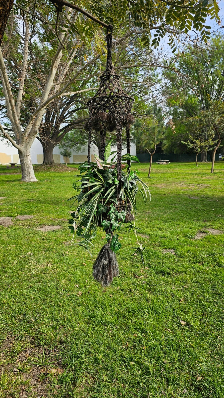 Macrame Wool Yarn Hanging Plant Holder With Ratten Bamboo Planter Boho 68" H