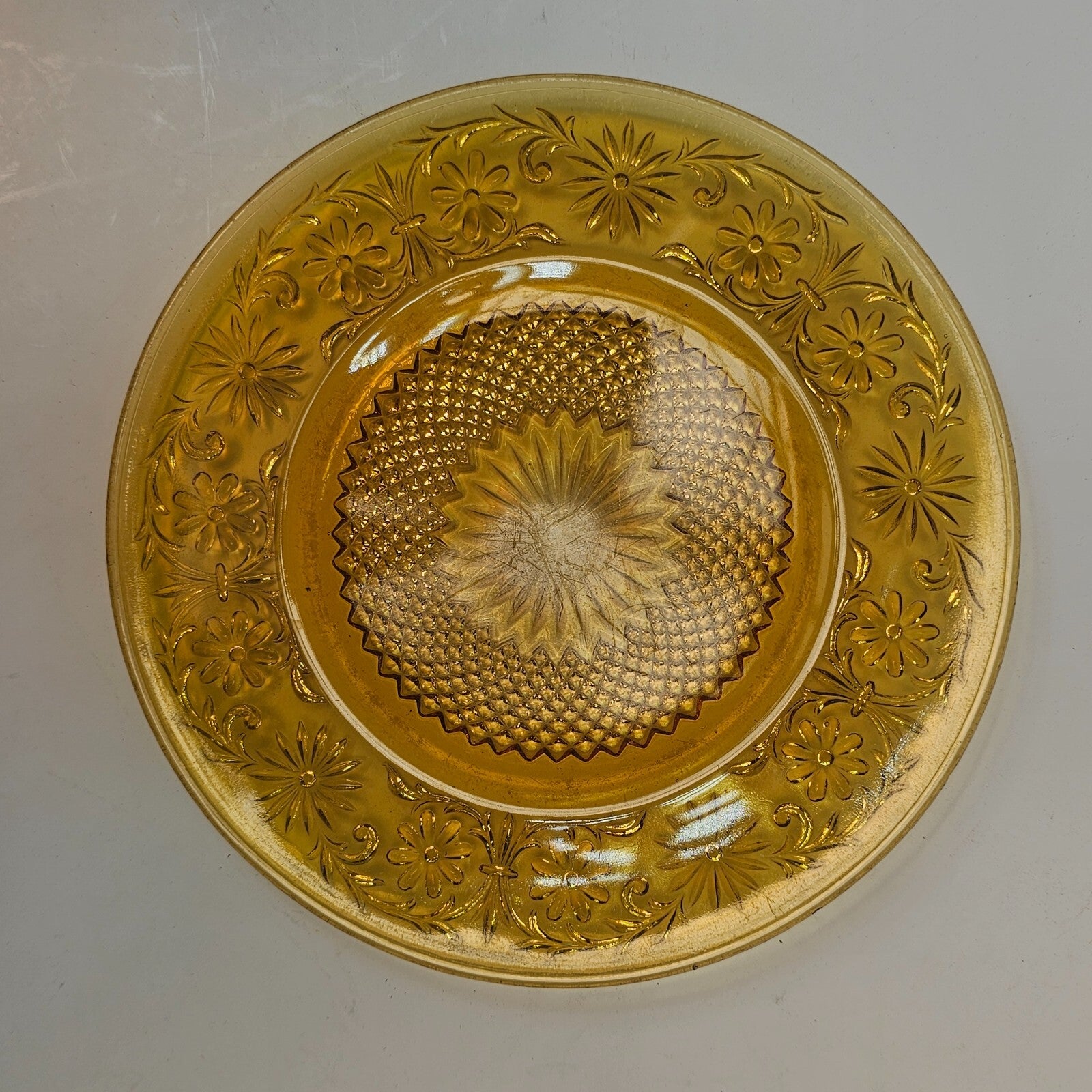 Set of 5 Vintage Indiana Daisy Amber Depression Glass Plates & Soup Bowls Set
