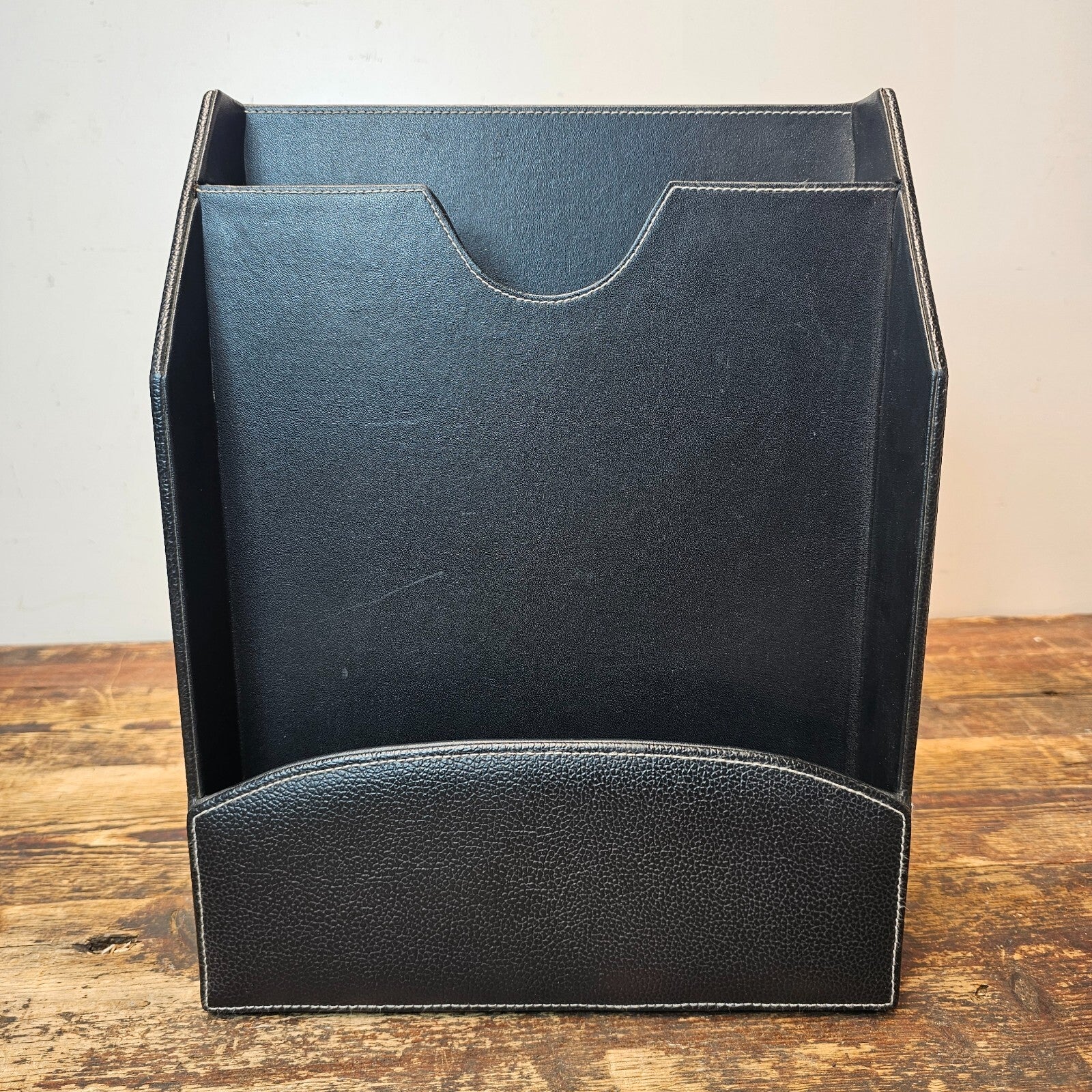 Black Leather Style Letter / Paper Tray Desk Organizer 13"L x 10"W x 4"H