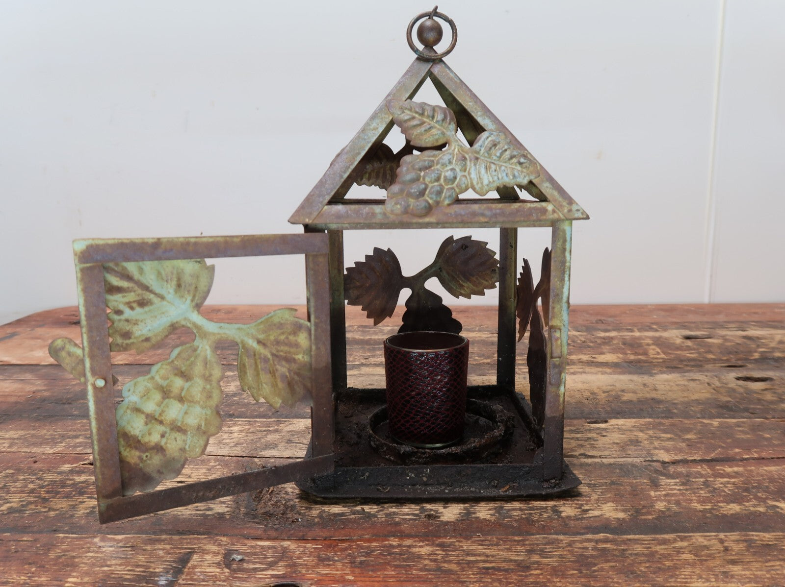 Metal Grape Motif Candle Lantern Weathered Rustic Lantern Patina 6" x 6" x H 10"