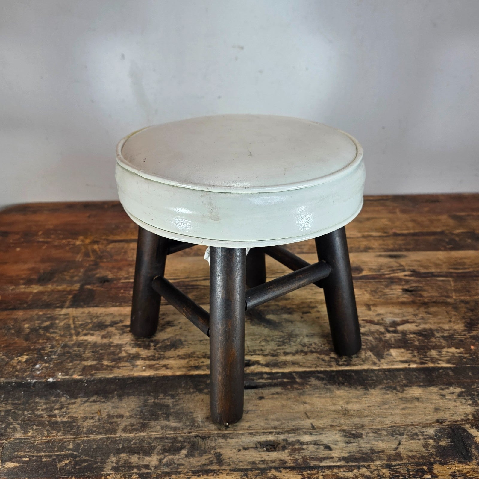 Vintage Wooden Stool with White Cushion (Continental Seat, Inc.) 10"Dia x 10.5"H