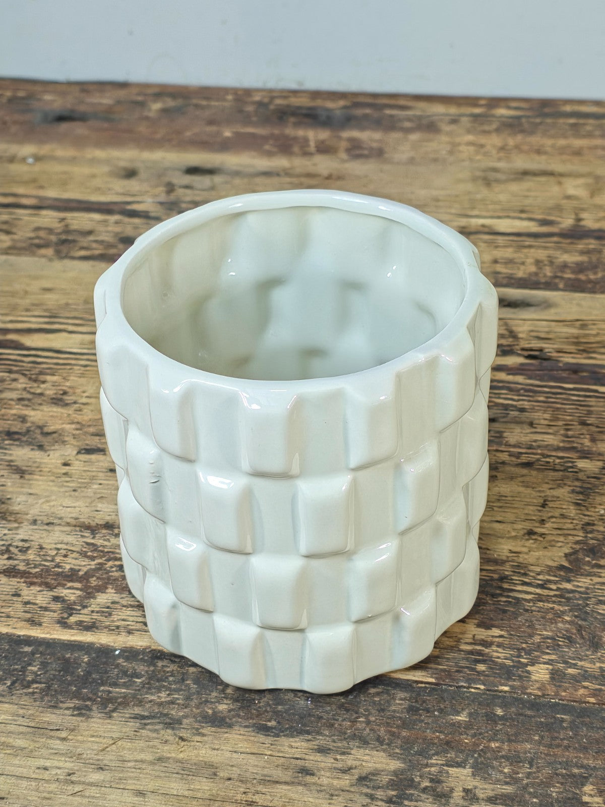 White Geometric Ceramic Planter 5.5" — Modern Cube Relief Design Pot