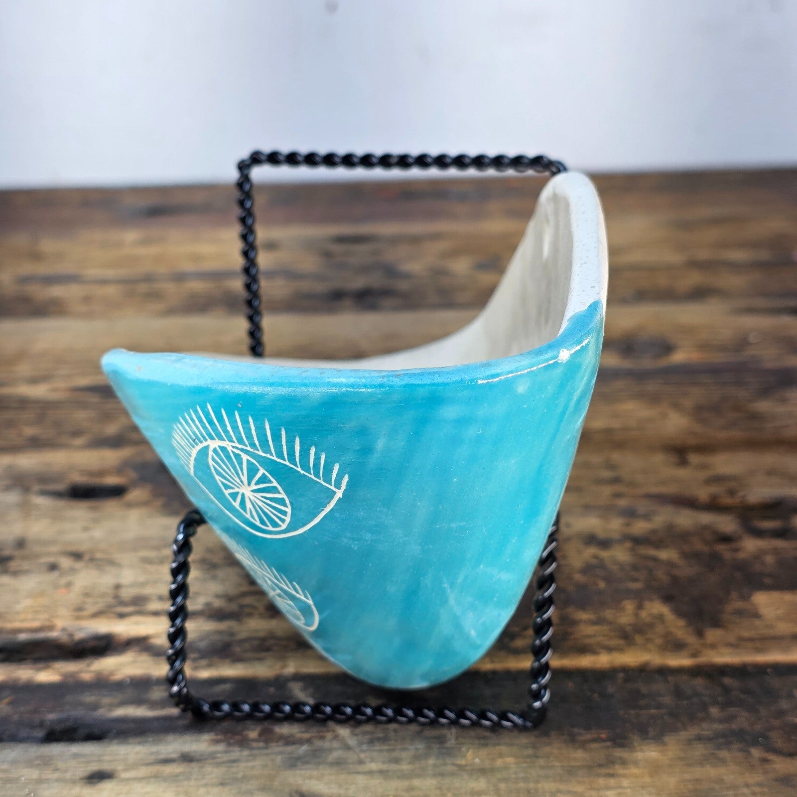 Studio Pottery Wall Pocket | “Eye” Sgraffito in Turquoise | Signed