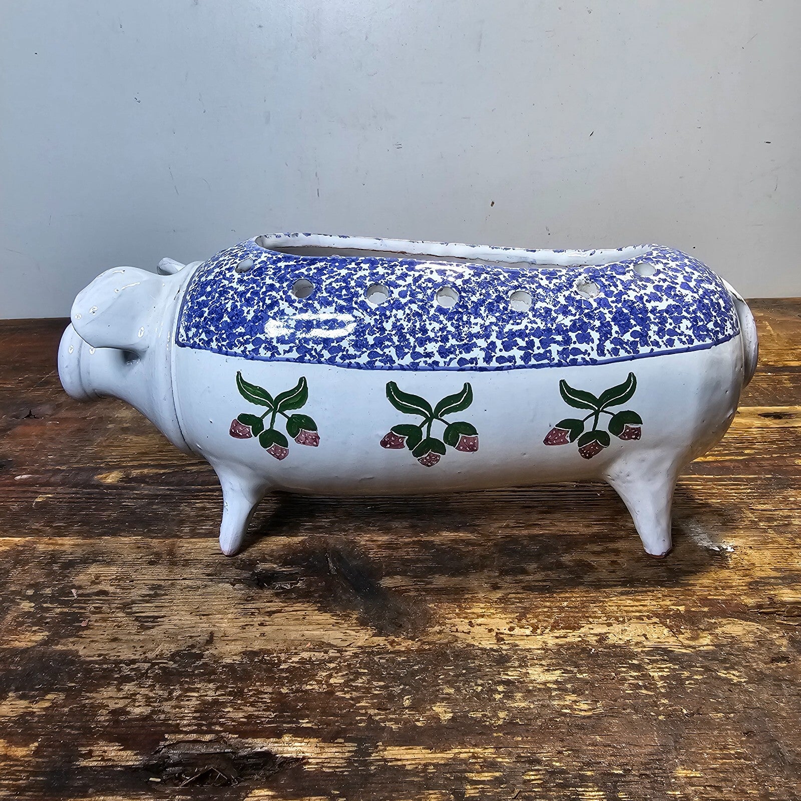 Vintage Hand Painted Pottery Pig Candle Holder (Damaged) 12.5"L x 4.5"W x 5.5"H