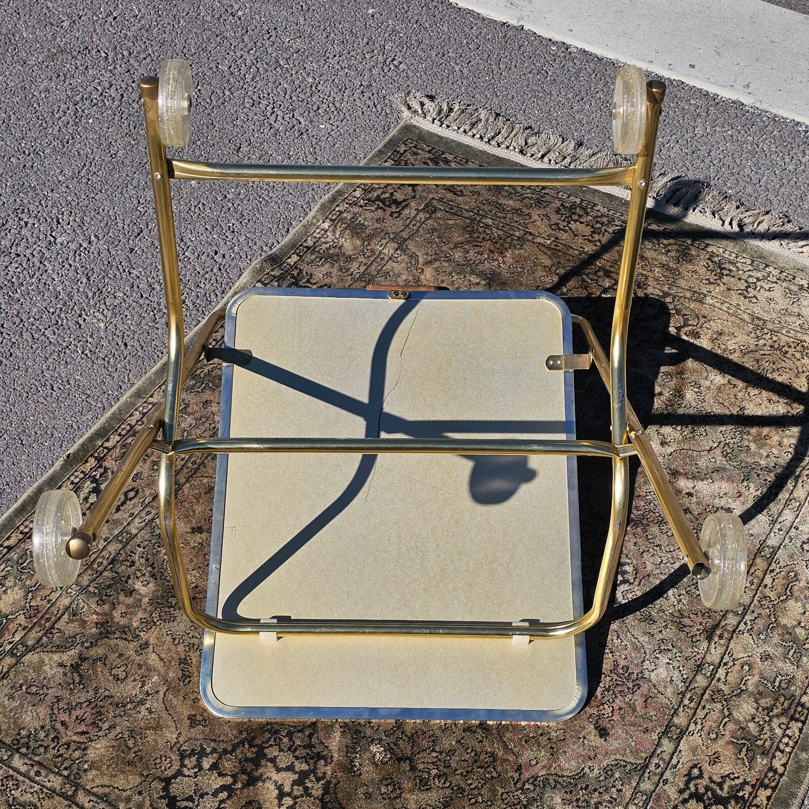 Vintage Mid Century Folding Rolling Bar Serving Cart With Wood Handle