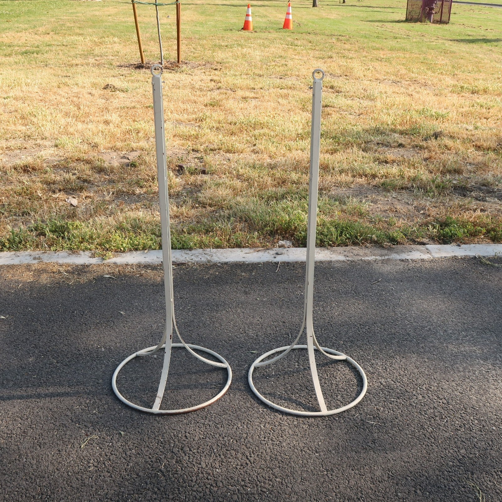 2 Vintage Free Standing Steel Stanchions 40.5" Cream Aisle Divider (B)