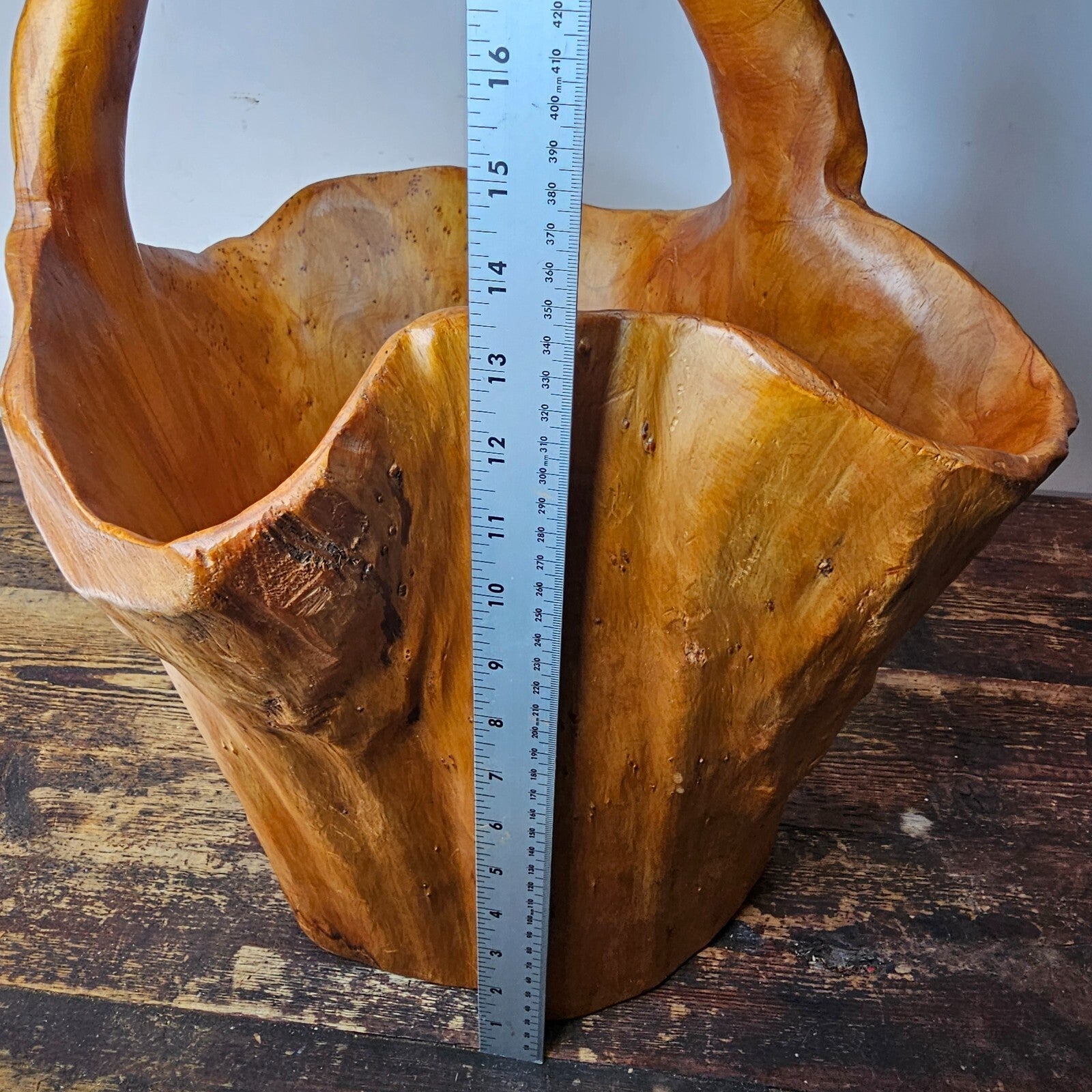 Large Wood Burl Root Hand Carved Bowl Basket with Handle 13.5" x 13.5" x 19.5"H