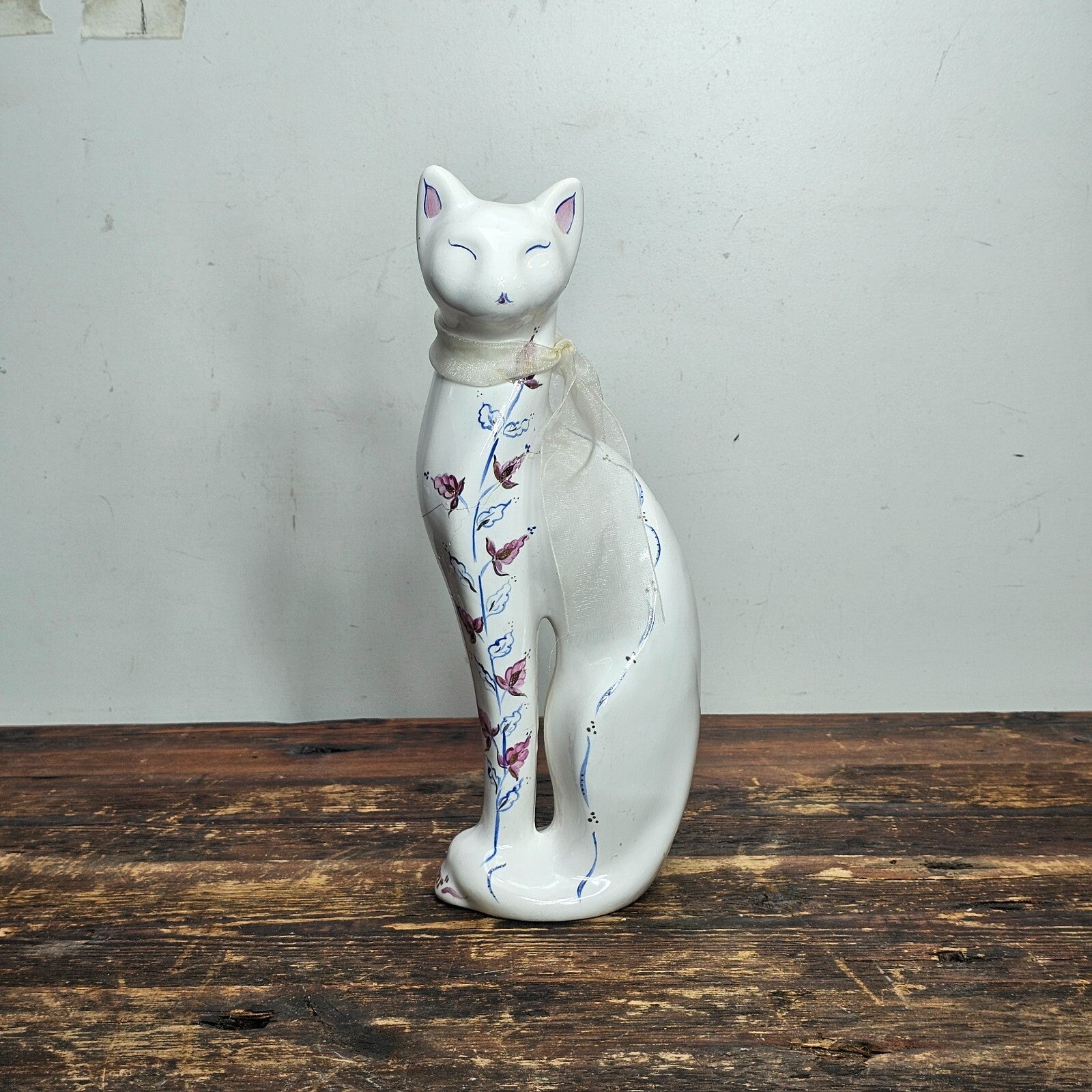 Vintage Porcelain Cat Figurine Hand-Painted Floral Signed 12" H (Has Damages)