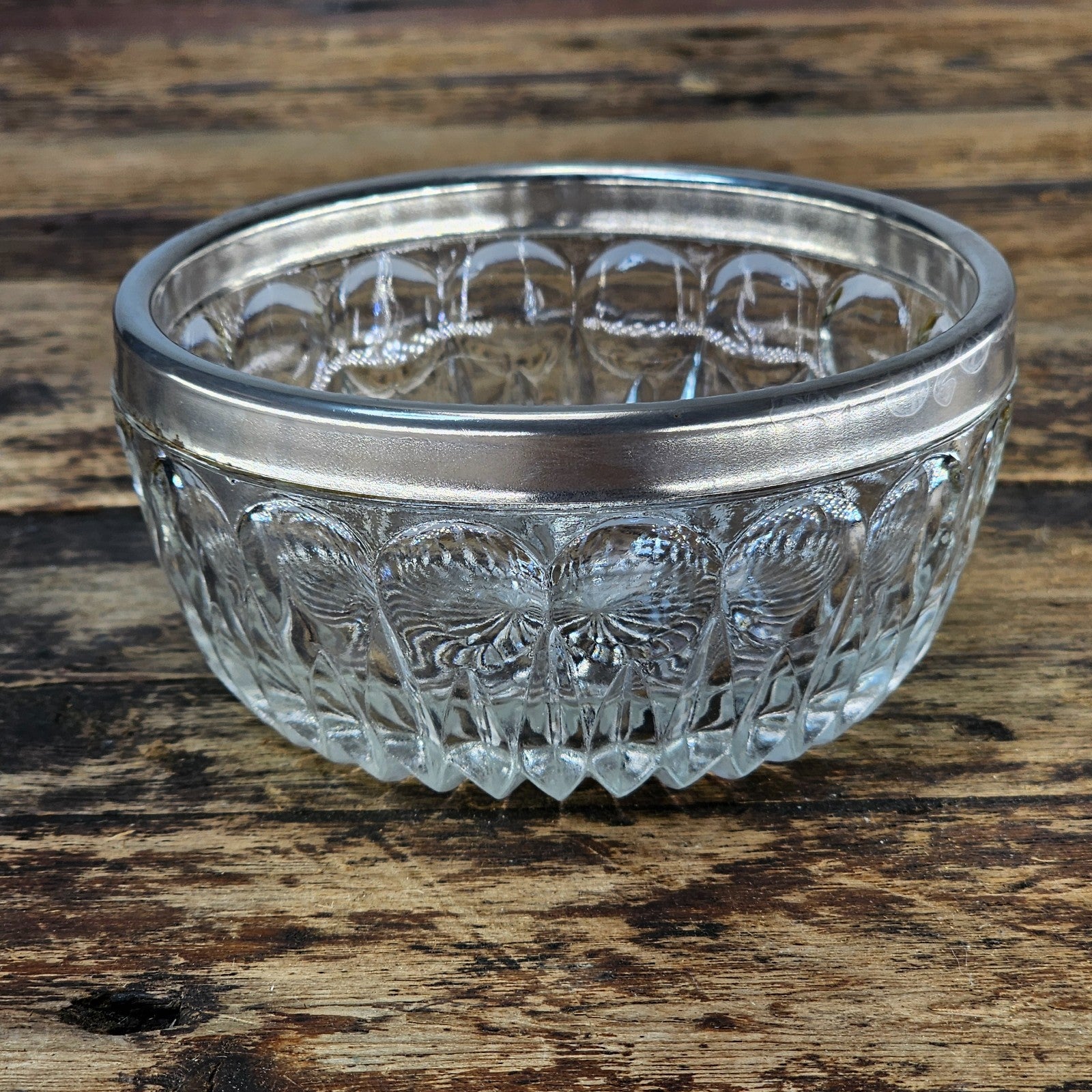 Vintage Pressed Glass Bowl with Silver-Tone Rim | Candy / Nut Dish