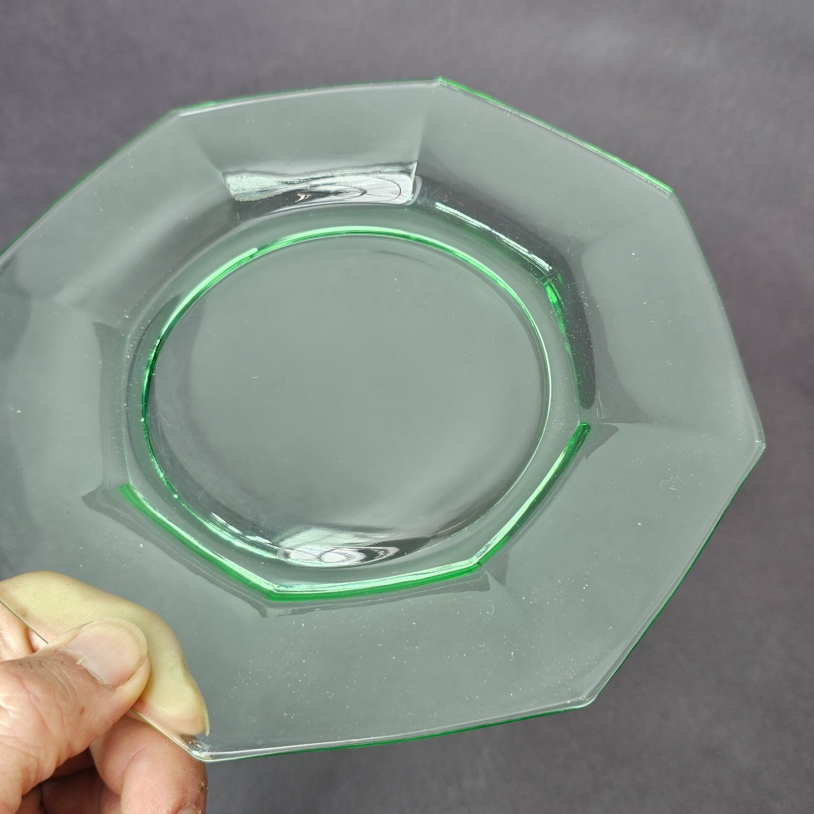 Set of 3 Heisey Ribbed Octagon Green Cup & Saucer + Dessert Plate Set (A)