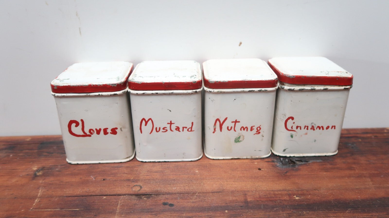 Set of 4 Vintage Hand-Painted Metal Spice Canisters 2.5" x 2.5" x 3.25" H