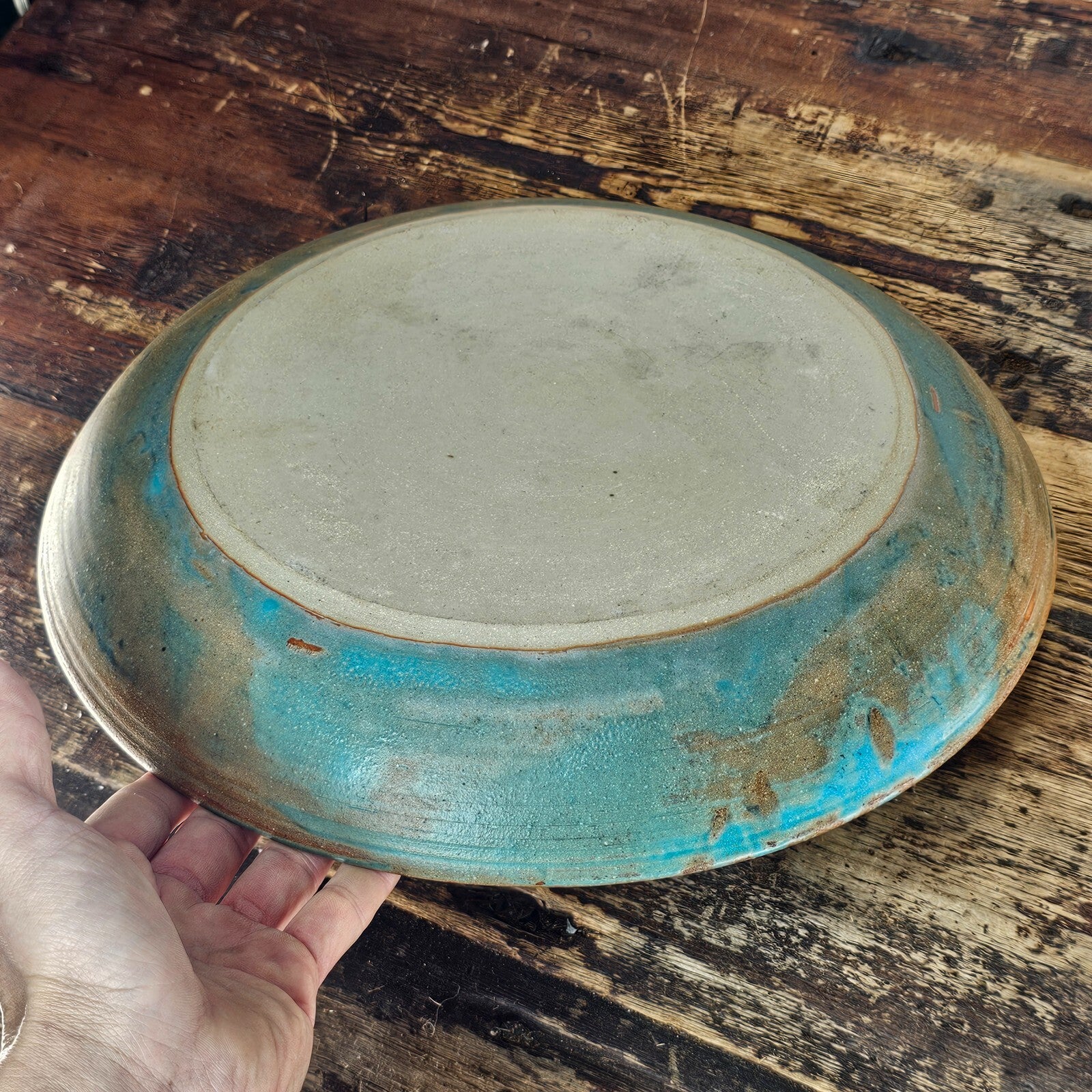 Studio Art Pottery Signed Shallow Dish Turquoise Starburst Glazed Plate 12.5"