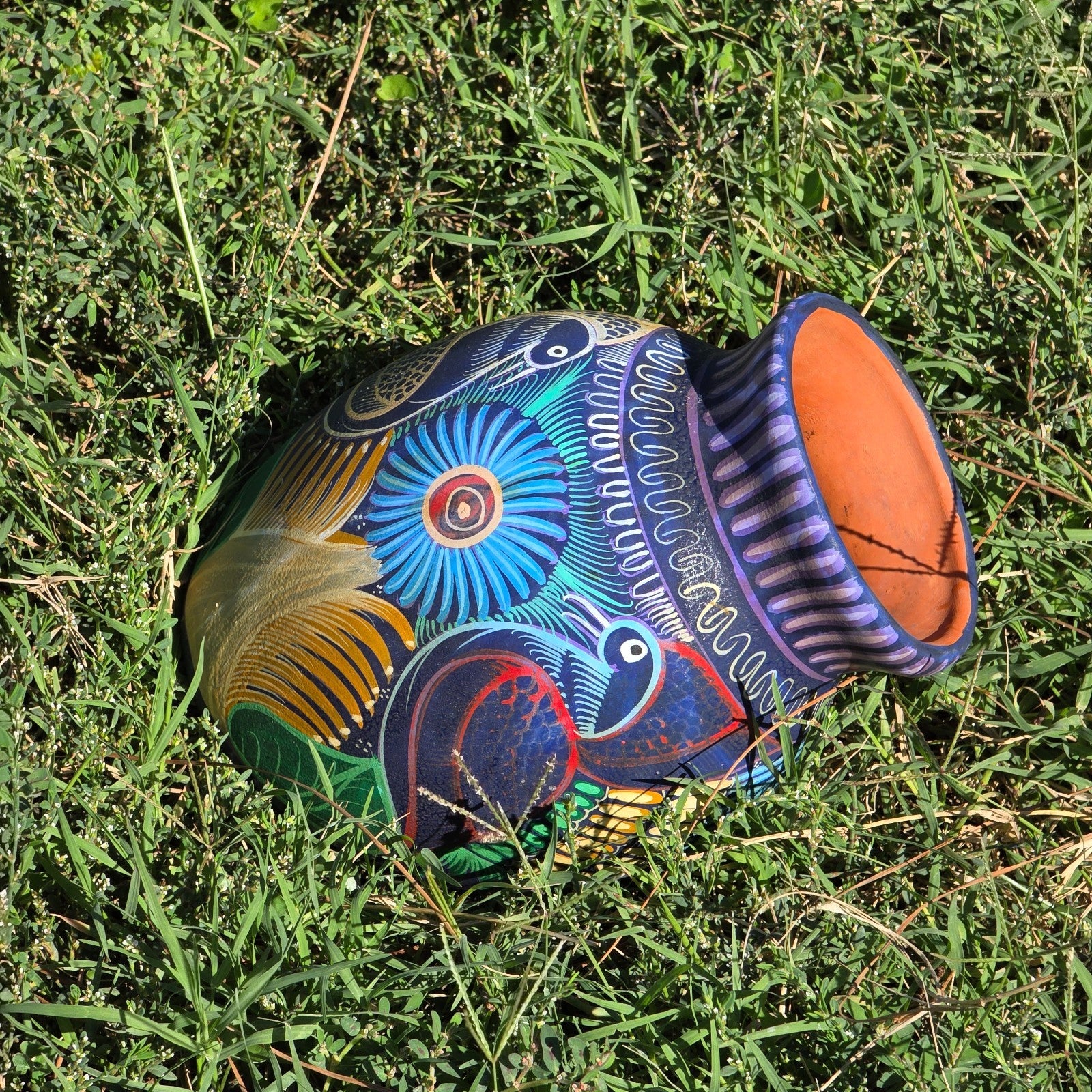 Hand-Painted Jalisco Mexico Pottery Wall Pocket Planter Folk Art Birds & Flowers