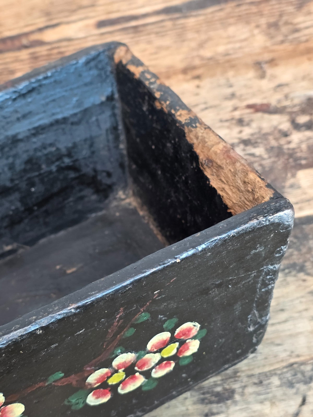Antique Hand-Painted Wooden Box with Floral and Fruit Motif
