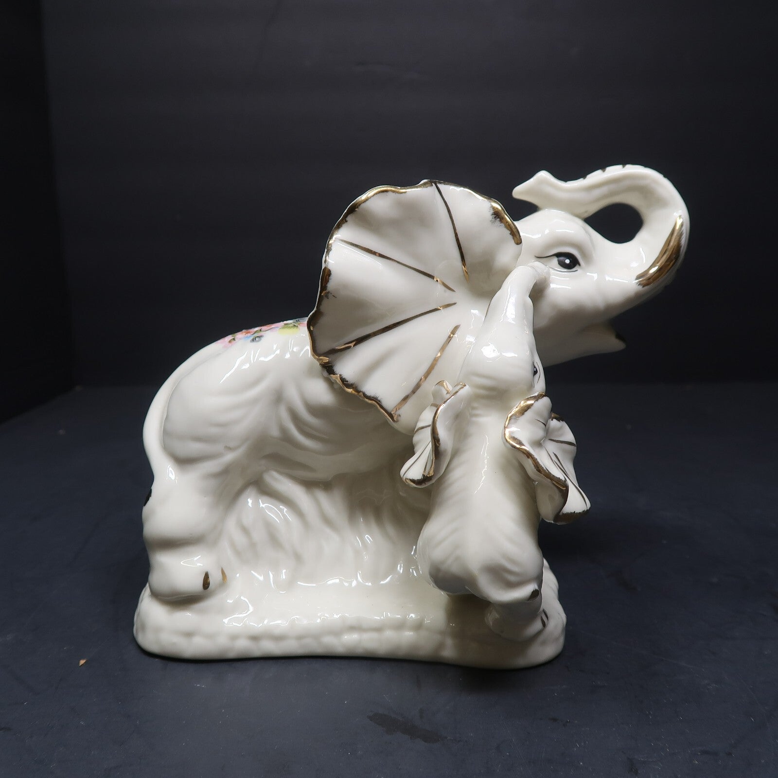 Elephant Mother & Baby White Porcelain Floral Figurine Gold Accents