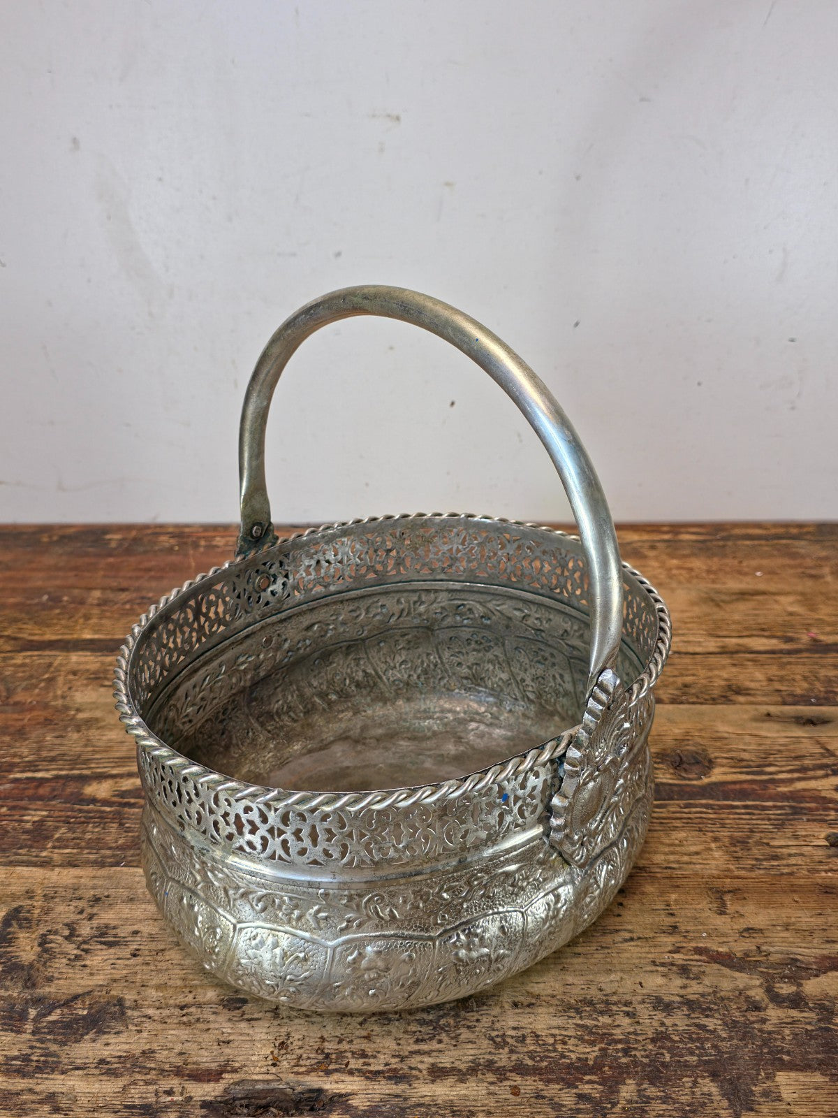 Vintage Silverplated Repoussé Basket with Handle Handmade India 10.25"L x 8.75"W