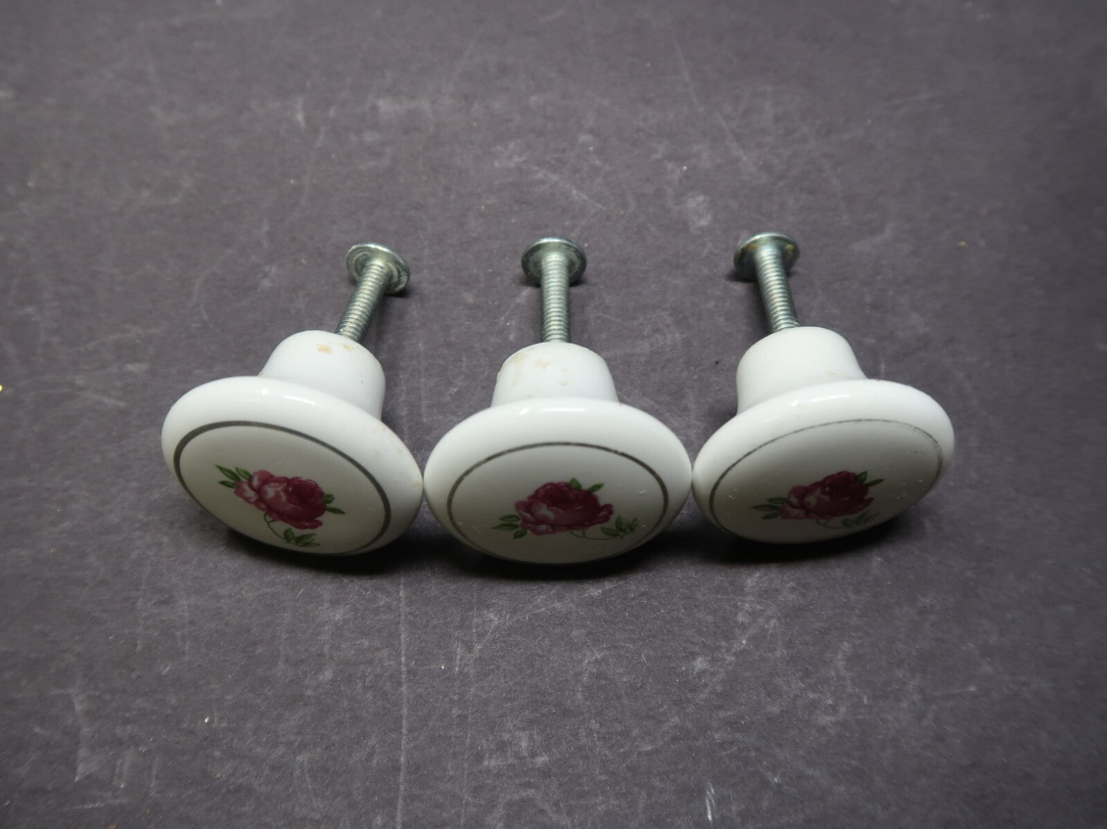 Set of 3 Vintage Round White Porcelain Cabinet Drawer Pulls Rose Japan Made (A)