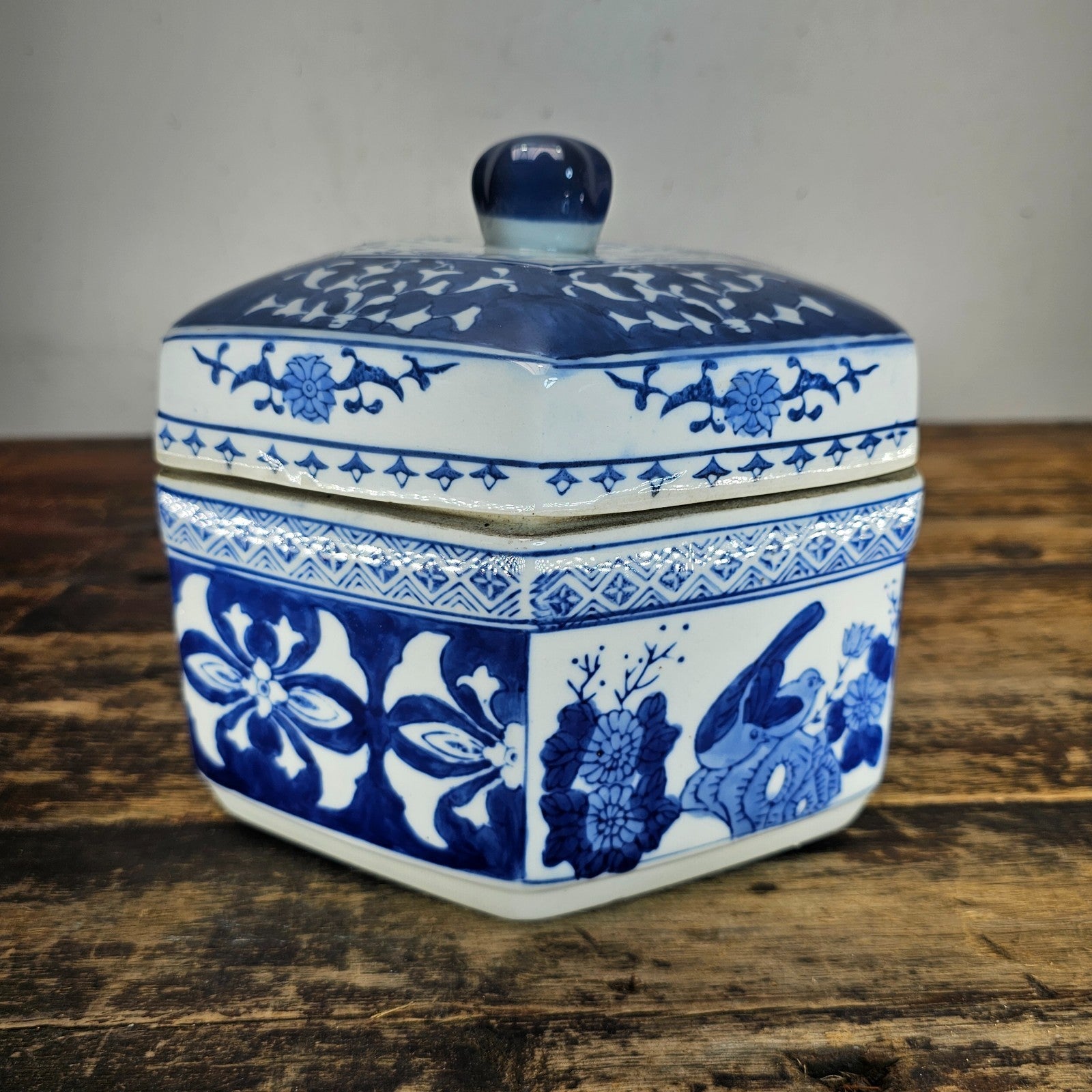 Vintage Blue & White Porcelain Chinoiserie Hexagonal Lidded Jar